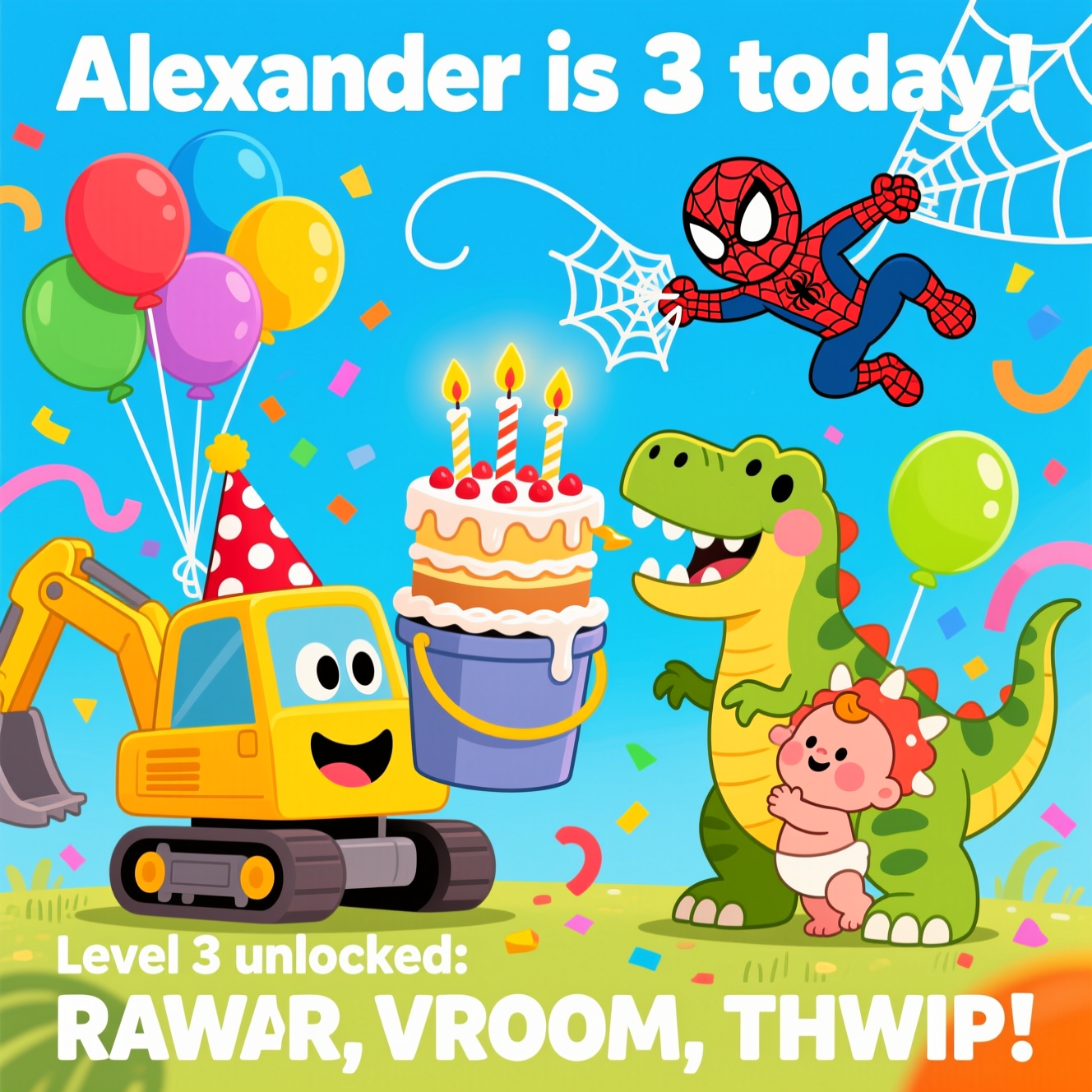 At the top of the Cartoon Style image, "Alexander is 3 today!"

At the bottom of the image, "Level 3 unlocked: RAWR, VROOM, THWIP!"

Center scene: Playful, cartoon chaos in bright, saturated colors with thick outlines. A chunky, smiling yellow digger in a party hat hoists a tall, drippy-frosted birthday cake in its bucket—make sure there are exactly three glowing candles. A big-headed T. rex with tiny arms and a polka-dot party hat leans in, cheeks puffed, trying to blow the candles while dino-shaped balloons bob around its snout. Overhead, Spider-Man swings on a dynamic web arc, gently steadying the tallest candle with a web strand and clutching a bunch of colorful balloons. Confetti bursts, streamers swirl, and a baby triceratops hugs a balloon. Energetic poses, chunky shapes, candy-bright palette (sunny yellow, candy red, sky blue, lime green), soft drop shadows, and a clean sky-blue backdrop with a subtle vignette to keep focus on the characters and the cake. Ensure ample space so the top and bottom text is bold, chunky, and easy to read.
Generated with these themes: Birthday cake with 3 candles on it/balloons/Spiderman/dinosaurs/diggers, and .
Made with ❤️ by AI.