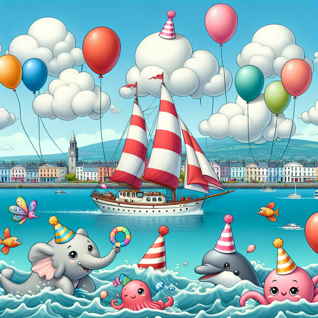 Imagine a simple yet joyful cute cartoon birthday scene set by the tranquil seaside town of Cobh. Vibrant balloons of various sizes gently sway in the breeze, interspersed with fluffy clouds whimsically shaped like sailboats. A splendid sailboat with red and white striped sails is navigating through an ocean made of waves that resemble crumpled wrapping paper. Friendly marine animals, such as dolphins, octopuses, and seahorses, all display party hats atop their heads. In the distance, the quaint Cobh skyline gracefully spreads across the background, lending a touch of local Irish charm to the celebration.
Generated with these themes: Sailing, and Cobh.
Made with ❤️ by AI.