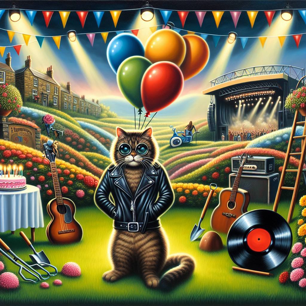 A captivating painting portraying a birthday party in a delightful garden reminiscent of Huddersfield. The focal point of the image is a mischievous cat wearing a stylish black leather jacket, a nod to classic music icons. The cat is surrounded by vintage gardening tools and vinyl records, serving as symbols of 1960s music. The scene is positioned on a grassy hilltop, adorned with floating balloons that rise towards the sky and cast a gentle glow, reminiscent of stage lights overhead at a concert. Adding a flair of nostalgia, the scene is framed by streamers modeled after bell-bottom pants and vivid, psychedelic flowers.
Generated with these themes: Cat, Iggy pop, Huddersfield, Gardening, and 1960s music.
Made with ❤️ by AI.