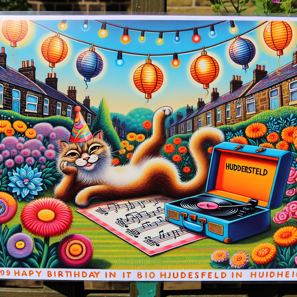 A vibrant illustration captures a whimsical birthday scene situated in a sunny garden in Huddersfield. At the center is a playful cat with a party hat, lounging among vibrant flowerbeds in an amusingly carefree pose reminiscent of a well-known stage presence. Above them, strings of lights and paper lanterns sway, each shaped like musical notes as a nod to the lively rhythms of 1960s music. Off to one side, a vintage record player unfolds timeless melodies, contributing to the celebratory atmosphere.
Generated with these themes: Cat, Iggy pop, Huddersfield, Gardening, and 1960s music.
Made with ❤️ by AI.