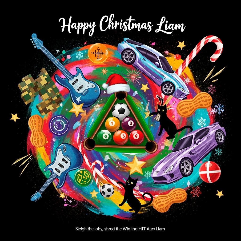 Guitars, Cars, Snooker, Call of Duty, Cats, Soccer, Reeses Chocolates, and Christmas Card