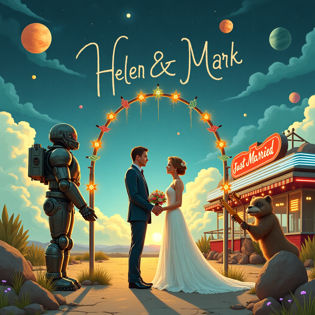 In a surreal, dreamy landscape, an enchanting scene unfolds where the post-apocalyptic world of Fallout meets the galactic grandeur of Star Wars in a wedding celebration. In the foreground, a charming couple, adorned in retro-futuristic wedding attire, exchange vows beneath an arch constructed from salvaged robot parts and glowing lightsabers, blending the grit of Fallout with the elegance of a Star Wars duel. To the left, a T-60 power armor stands guard, holding a bouquet of delicate flowers instead of a weapon. To the right, a gentle Ewok plays a violin crafted from scavenged materials, serenading the couple with an otherworldly melody.

Above them, a sky painted in vivid, swirling galaxies showcases distant planets and stardust, echoing the cosmic expanse of Star Wars. The clouds themselves spell out "Helen & Mark" in whimsical, flowing letters, as though the universe itself is blessing their union. In the background, a vintage diner, reminiscent of Rockwell’s Americana, serves as the reception area. Its neon sign flickers with the words "Just Married" and a small Deathclaw creature playfully hangs festive bunting along the roof. Throughout the scene, Beardsley's intricate details can be seen in the filigree of the bride's gown, and Maurice Sendak's touch is felt in the fantastical flora and fauna that surround the scene, suggesting a world where nature and technology coexist in harmony. This card captures the unique blend of worlds and the shared adventure that Helen & Mark embark on together.
Generated with these themes: Fallout game scene , and Star wars .
Made with ❤️ by AI.