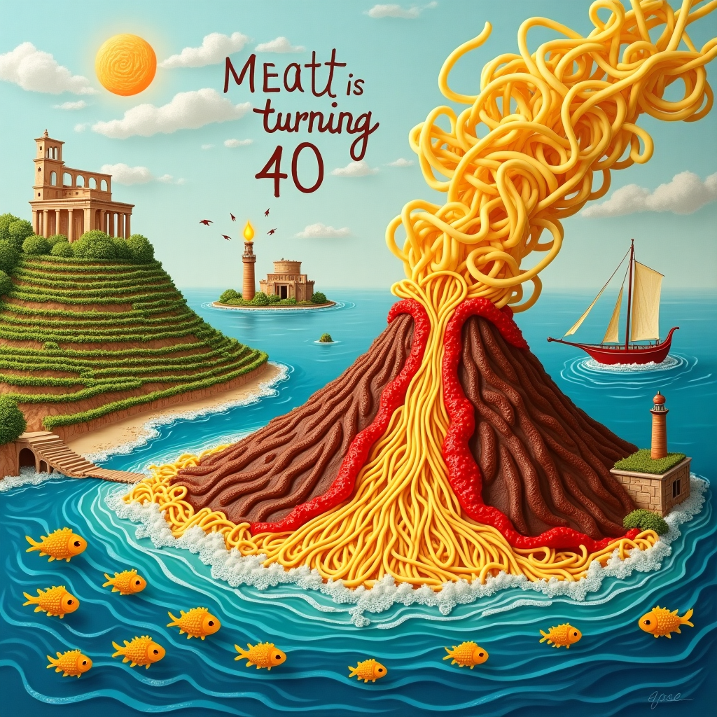 Volcano, Ocean, Italy, Ancient ruins, Pasta, Wine, and Vineyard Birthday Card