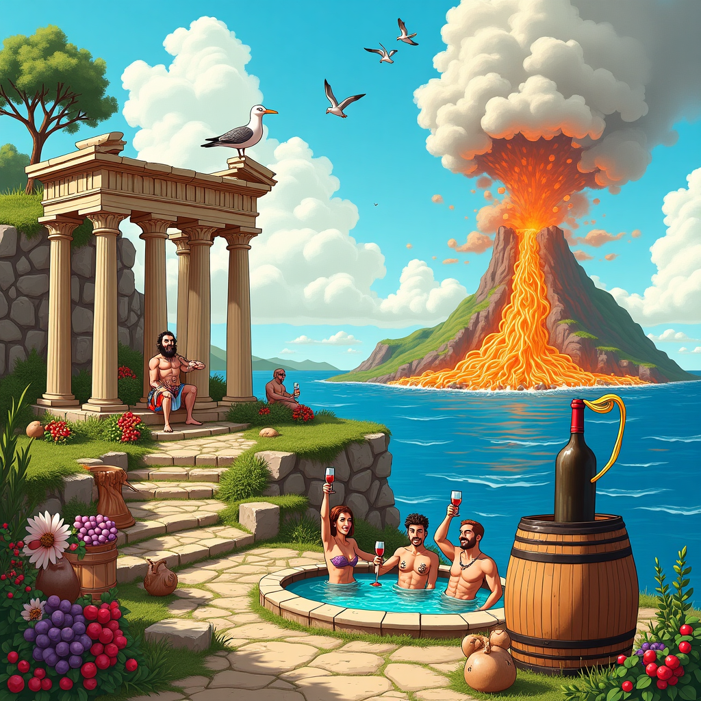 Picture this: a vibrant and humorous scene unfolds on the front of the birthday greeting card, a delightful fusion of chaos and charm. Dominating the scene is an ancient Roman ruin, its columns worn yet majestic, standing proudly on a cliff overlooking a shimmering ocean. Nestled on the cliff, a tiny Italian vineyard stretches towards the horizon, with vines laden with luscious grapes basking under the Mediterranean sun.

In the background, an active volcano comically spews out clouds of ash and smoke, but instead of lava, it's hilariously erupting spaghetti strands and meatballs, cascading down its slopes like a pasta waterfall. A group of seagulls, perched on the columns, hold strands of spaghetti in their beaks, as if they're having a pasta party in the sky.

In the foreground, a jovial Roman centurion with a twinkle in his eye holds a giant wine bottle, using it as a telescope to look out to sea. Below him, a comically oversized wine barrel has popped its cork, and from it flows not wine, but a bubbling hot tub where a group of toga-clad tourists are enjoying a soak, raising their glasses of Chianti in salute.

And there, etched in the fluffy clouds drifting from the volcano, is the whimsical message, "Matt is turning 40!" The words are woven from wisps of smoke and steam, as though crafted by an ancient Roman skywriter. The scene is bursting with color and humor, a perfect blend of history, nature, and culinary chaos, all celebrating Matt's milestone birthday in an unforgettable and uproarious manner.
Generated with these themes: Volcano, Ocean, Italy, Ancient ruins, Pasta, Wine, and Vineyard.
Made with ❤️ by AI.