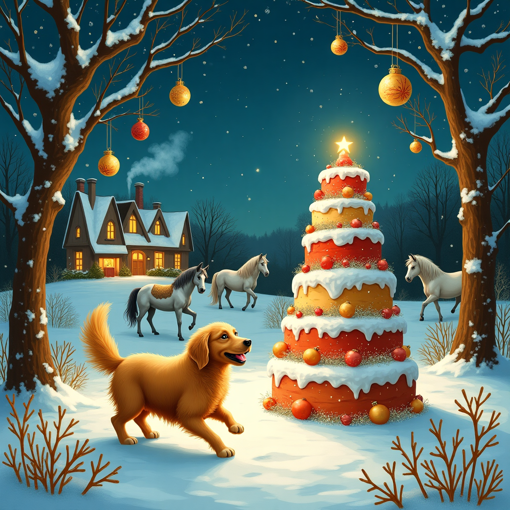The Christmas card cover captures a whimsical winter wonderland under a twilight sky dusted with shimmering stars. At the heart of the scene is a joyous golden retriever, its fur fluffy and gleaming like spun gold, joyfully bounding through a snow-blanketed meadow. Snowflakes cling to its fur as it romps toward a towering, whimsical cake. This cake is a delightful concoction with five layers, each adorned with festive red and green frosting and decorated with miniature twinkling baubles, so detailed they seem plucked from the branches of a magical Christmas tree. Around the cake, a troupe of ponies prance, their manes and tails woven with silver tinsel. Each pony is of a different hue—chestnut, dapple gray, and ivory—reminiscent of a carousel in motion. They wear tiny bells around their necks that jingle with every step. Hanging from the bare branches of nearby trees are large, ornate baubles, each with intricate designs reminiscent of Aubrey Beardsley’s art—delicate and bold black lines against glimmering gold surfaces. In the background, an old-world village, inspired by a Beatrix Potter illustration, rests nestled in the snow. Smoke curls up from chimneys, and warmly-lit windows hint at cozy scenes within. The edge of the meadow is framed by elegant, gnarled trees with branches that twist like those from an Arthur Rackham drawing. The entire scene is awash with the magical glow of Maxfield Parrish-inspired lighting, giving everything a soft, dreamlike quality. This Christmas tableau is both charmingly chaotic and lovingly detailed, with each element woven together to tell a story of holiday cheer and imagination.
Generated with these themes: Golden retriever , Cake, Ponies, and Baubles.
Made with ❤️ by AI.