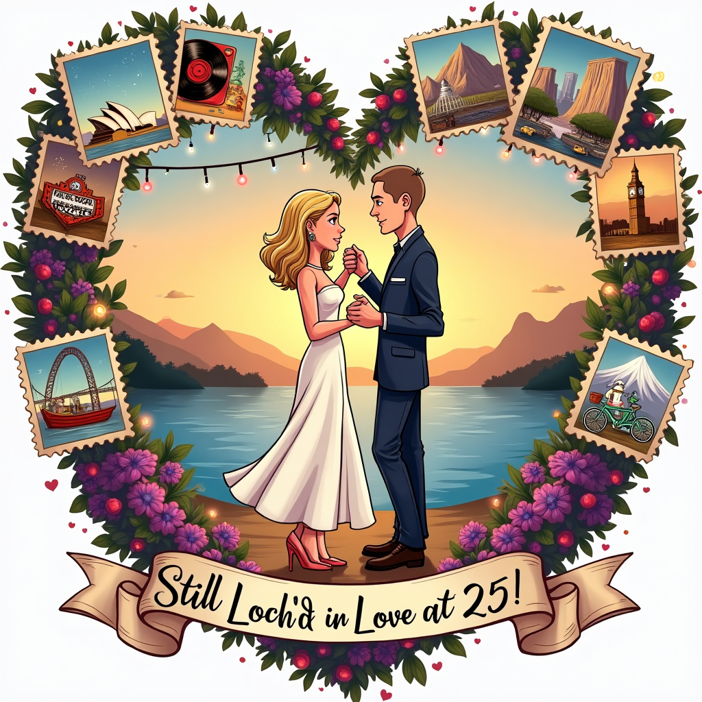 Playful romantic cartoon illustration with thick black outlines, bright saturated colors, and whimsical, energetic poses. Center: a short, slim woman with an ash-blonde bob twirls with her tall, slender husband with a short shaved head, mid-dance under twinkly string lights at golden-hour beside a stylized Loch Lomond shoreline (purple heather, tartan blanket, open ring box) to echo the proposal and first dance vibe. Around them, a heart-shaped whirlwind of passport-stamp-style mini vignettes/stickers: Sydney Opera House with a cute kangaroo (Australia honeymoon); London icons (red double-decker bus, Big Ben) plus a brick railway bridge for Reading; a Thai longtail boat with limestone cliffs; New York skyline with a tiny Statue of Liberty; classic Vegas sign silhouette (no words); Golden Gate Bridge and a cable car (San Francisco); Yosemite’s Half Dome with giant sequoias; Dubai’s Burj Khalifa with sand dunes and stars; Bavarian Alps with a pretzel and alpine hat; Greek island Kos with a blue-domed chapel, white windmill, and bougainvillea. Passions woven in: a vinyl record with a heart label and floating music notes, a retro film reel and clapperboard, two colorful bicycles with helmets, and a pink rugby ball with a subtle women’s symbol. Their two teenage daughters—one blonde, one brunette—frame the scene, tossing confetti hearts and silver sparkles. Silver accents throughout to nod to the 25th. Soft glow, glossy highlights, gentle bokeh. Composition: full-bleed portrait; exaggerated proportions; clean cel-shading; big, joyful central figures with the heart-shaped collage swirling around them. Text overlay: “Still Loch’d in Love at 25!” in one playful hand-lettered line on a ribbon at the bottom. No other text or logos.
Generated with these themes: 25th wedding anniversary, I am short thin with ash blond bob, husband is tall slender with short shaven head. proposed Loch Lomond, 1st dance Al Greens let’s stay together, Honeymoon Australia, lived in London and Reading, Holidays to Thailand, New York, Vegas, San Francisco, Yosemite, Dubai, Bavaria, Kos, Love music, film, cycling, women’s rugby, , Have 2 teenage daughters, one blond one brunette, and .
Made with ❤️ by AI.