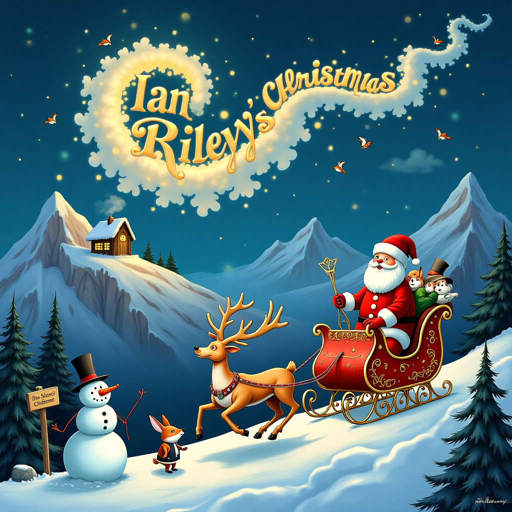 In the whimsical scene, Father Christmas is steering his sleigh through a fantastical, snow-dusted mountain range, where the peaks are as jagged and exaggerated as a Beardsley illustration. The sleigh is a brilliantly ornate vehicle, reminiscent of something Maxfield Parrish might dream up, with swirling golden scrollwork and twinkling lights that illuminate the crisp, starlit sky. The reindeer are lively, with expressive faces and feathered antlers that appear almost wing-like, a nod to Rackham’s love of fantastical creatures. Below, the mountain range is a patchwork quilt of deep blues and purples, with frosty pine trees, each one individually adorned with delicate icicles that reflect the moonlight like tiny chandeliers.

In the foreground, a small, round, and mischievous snowman, crafted in the style of Sendak's creatures, is engaged in a snowball fight with a pair of woodland creatures—a rabbit in a smart waistcoat and a fox in a top hat, both dressed as though they’d stepped out of a Beatrix Potter story. The snowman's carrot nose is slightly askew, and its coal eyes twinkle with playful mischief.

The pièce de résistance of the scene is the cloud formation in the sky, whimsically swirling around the sleigh in an elegant script that spells out "Ian Riley." The letters are formed by fluffy cumulus clouds, backlit by the soft glow of the moon, creating an ethereal and magical atmosphere that ties the entire composition together. A flock of tiny birds, possibly sparrows as seen in Quentin Blake's lively works, fly in playful loops around the letters, as if escorting them across the sky.

On a distant peak, a cozy little cabin can be seen, its windows aglow with warm, inviting light, while a gentle plume of smoke curls from the chimney, hinting at the snugness within. A signpost next to the cabin reads "Ian Riley's Christmas Cabin," cleverly tying the scene’s narrative back to the recipient. This scene blends elements of whimsy, fantasy, and a touch of vintage charm to create a captivating Christmas greeting card that is both unique and personalized for Ian Riley.
Generated with these themes: Father Christmas on sleigh over mountains .
Made with ❤️ by AI.