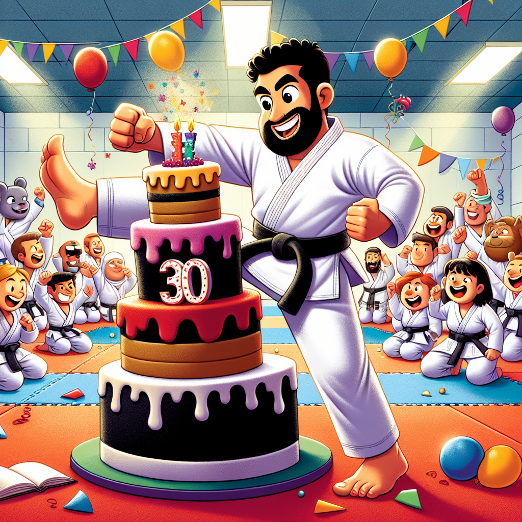 Create an illustration that portrays a playful karate dojo filled with vibrant activity. Visible characters are wearing variously colored gi, each involved in different festive tasks. At the center of it all, a karateka of Middle-Eastern descent, confidently breaks a towering cake-shaped board marked with '30'. Surrounding this main figure is an enthusiastic audience composed of endearing cartoon animals, all expressing jubilant cheers. The background is adorned with balloons and streamers, further enhancing the boisterous atmosphere of this martial arts-centric birthday party.
Generated with these themes: Karate, and 30.
Made with ❤️ by AI.