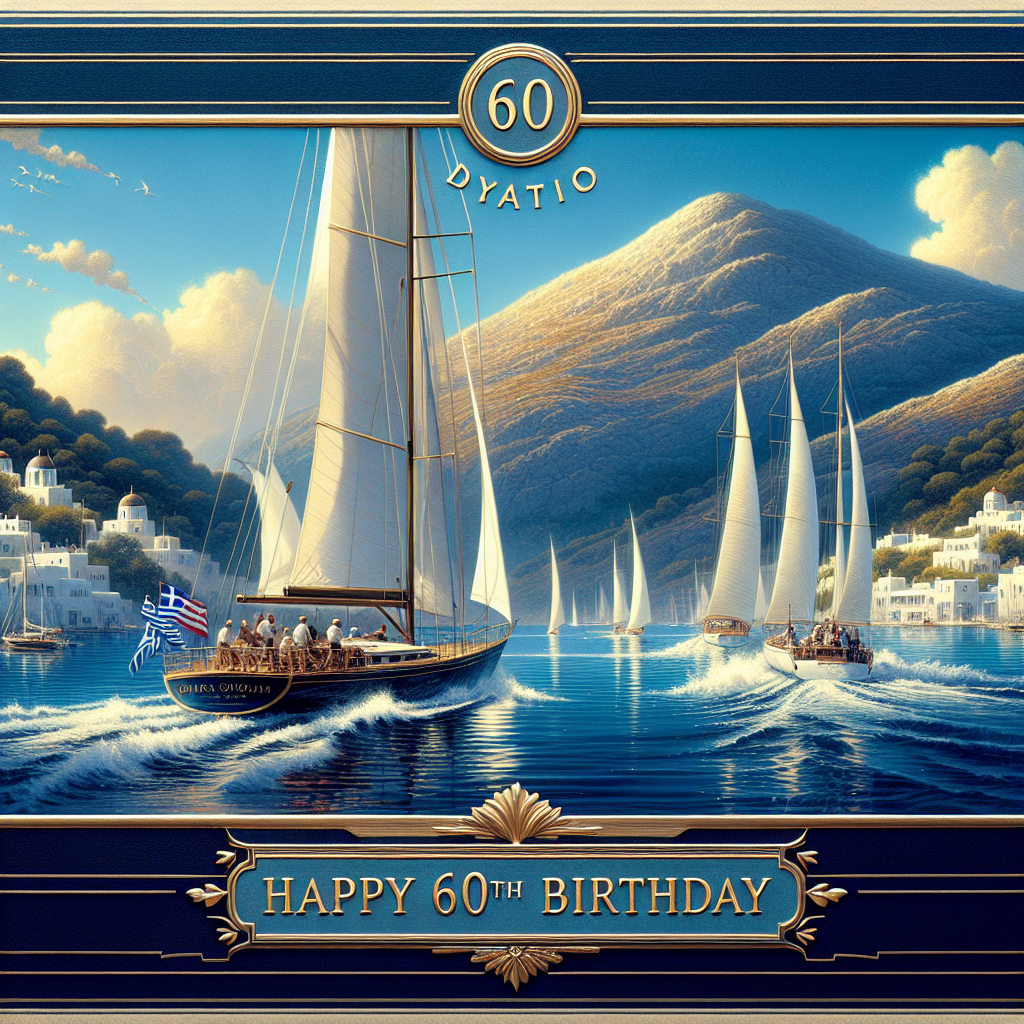 Translate the following description into a detailed image: A tranquil harbor setting, inspired by the serenity of Greek landscapes, where azure waters meet a peaceful sky. Adding contrast to the calm, racing yachts with billowing sails in the foreground invoke a sense of thrill and competition. Above the picturesque scene, the words 'David Happy 60th Birthday' are elegantly engraved in English. The phrase '60th Birthday' is emphasized with a larger, bold typeface. The overall aesthetic blends sophistication and celebration, combining the tranquility of the harbor and the excitement of the yacht race, commemorating a significant milestone event.
Generated with these themes: Words in English "David Happy 60th Birthday", 60th Birthday, Greek Harbour, and Racing Yachts.
Made with ❤️ by AI.