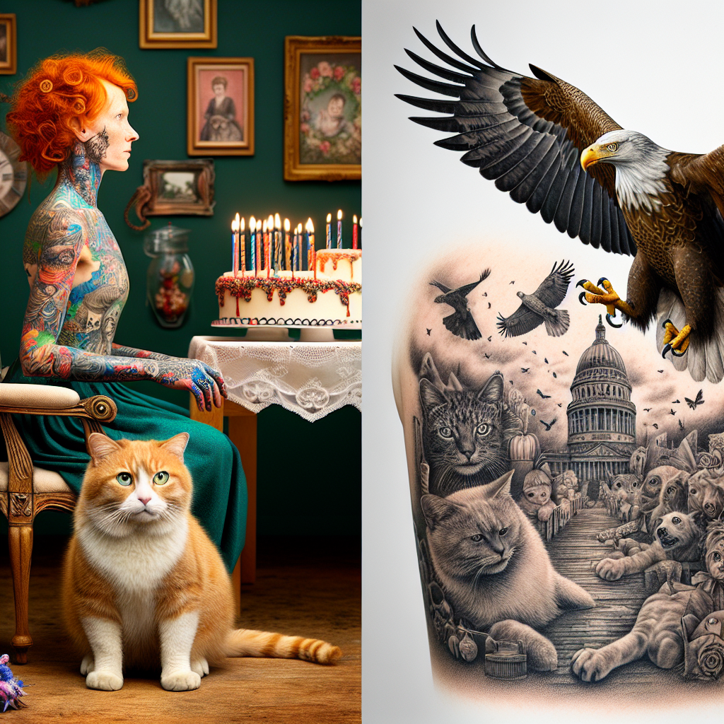 Recreate an image of a tattooed lady with striking ginger hair, who sits on a throne like a queen amid a birthday-themed setting. Her skin is embellished with tattoos that portray scenes from various celebrations. The surroundings seem both real and dreamlike, marking a striking distinction. In the foreground, there are cats drawn with such meticulous details that they rival photographs, their expressions remaining a mystery. Above, a sea eagle is depicted, its pose suggesting imminent landing. The skillful representation of the eagle suggests it might break free from the skin canvas, symbolizing the transcendence of everyday life. This is a surreal yet realistic representation of a birthday scenario.
Generated with these themes: Tattooed ladies, Ginger hair, Sea eagle, and Cats.
Made with ❤️ by AI.