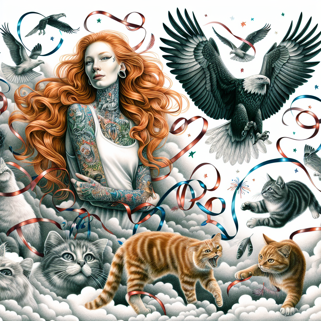 In a magical and ordinary setting, a tattooed lady with flowing ginger hair stands as the centerpiece of the image, embodying a surreal yet realistic theme of the birthday. Surrounding her are intricately inked cats frolicking among swirls of festive streamers. The level of detail given to their fur makes them appear almost tangible. A grand sea eagle sweeps across the sky above, its wings spread wide. The feathers on its wings subtly blend with the clouds, representing freedom and wilderness, creating a stark contrast with the domestic and playful scene of the cats below.
Generated with these themes: Tattooed ladies, Ginger hair, Sea eagle, and Cats.
Made with ❤️ by AI.