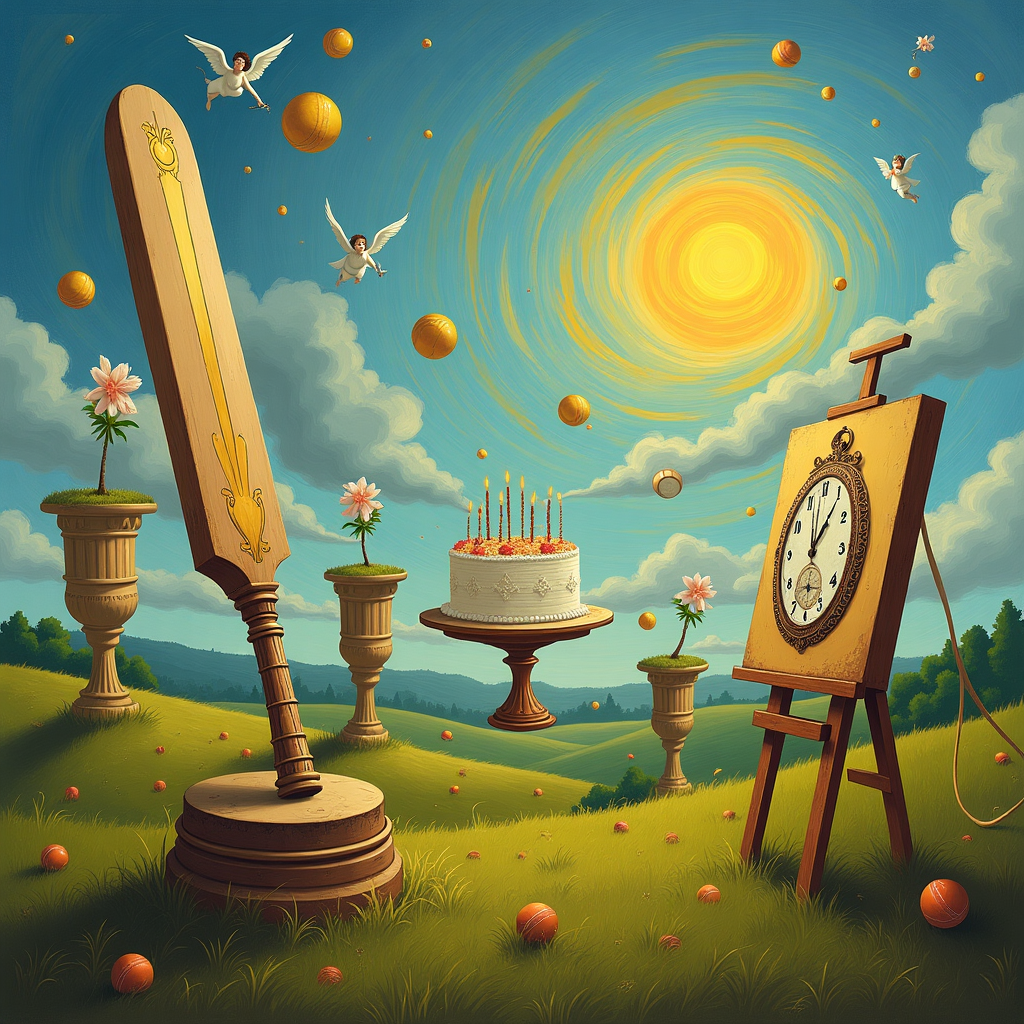 **Surreal Abstract Birthday-Themed Image Prompt (Cricket, Art History, Clocks):**

"An abstract surrealist landscape where a giant, melting cricket bat modeled in the style of Salvador Dalí drips over a floating Roman pedestal. Oversized, antique pocket watches sprout like flowers from stumps embedded in an undulating grass field, ticking backwards. In the distance, tiny Renaissance-style cherubs dressed in vintage cricket whites float gently through the sky, tossing cricket balls that transform into golden hourglasses mid-flight. The sun is a rotating, Baroque-style clock face, casting long surreal shadows that point to a birthday cake balanced precariously on an easel, being painted by an invisible hand using brushes shaped like wicket bails. A faint dreamlike fog shimmers with brushstrokes reminiscent of Van Gogh’s Starry Night, adding motion and magic to the birthday moment suspended in timeless celebration."
Generated with these themes: Cricket, Art history, and Clocks.
Made with ❤️ by AI.