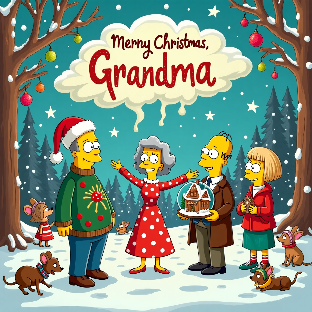 In the whimsical universe where the Simpson-style characters meet surreal Christmas charm, a quirky holiday tableau unfolds. Picture a snowy, enchanted forest setting with swirling candy cane trees and oversized ornaments glistening on pine branches. At the center of this fantastical scene, a curvy lady in her 70s, wearing a bright, polka-dotted dress and a festive Santa hat, stands joyously. Her short, silver hair glimmers like tinsel. Beside her, a bald man, aged 35, sports an eccentric sweater with dancing reindeers, his arms stretched out, holding a towering gingerbread house adorned with gumdrops and icing. The third character, a blonde lady of 30, elegantly dressed in a sparkling red winter coat, holds a snow globe containing a miniature Springfield town. Surrounding them, mischievous elves inspired by Maurice Sendak's illustrations, engage in a snowball fight, while a line of Beatrix Potter-style woodland creatures—mice in tiny scarfs and rabbits with earmuffs—assemble to watch. Above this delightful scene, in the pastel sky, the clouds shape the words "Merry Christmas, Grandma" in swirling cursive, as if painted by the hand of Maxfield Parrish. Stars twinkle around the letters, and a curious crescent moon, with an Arthur Rackham-like face, winks playfully down at the gathering below. This captivating Christmas card cover is a storybook page come to life, blending inspiration from the grand illustrators with the humor of the Simpsons.
Generated with these themes: Curvy Lady in her 70s with short hair alongside a bald man aged 35 and a blonde lady aged 30, and In the style of the simpsons.
Made with ❤️ by AI.