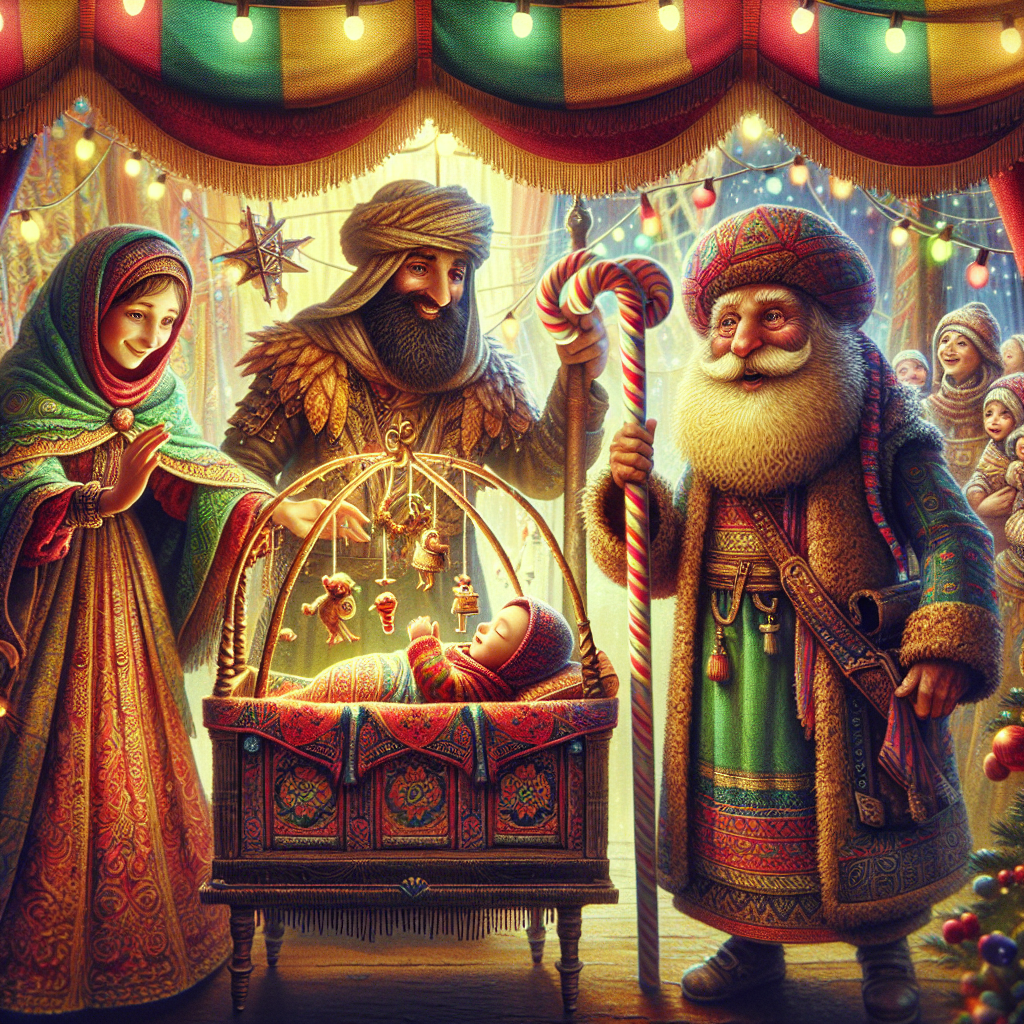 A colorful, whimsical scene where Mary, Joseph, and baby Jesus are gathered around a cozy, ornate manger adorned with Christmas lights. Santa Claus, with a jolly smile, is donning a shepherd's robe and joining the trio, holding a candy cane staff and a sack full of toys on his back.
Generated with these themes: mary, joseph and baby jesus + santa claus.
Made with ❤️ by AI.