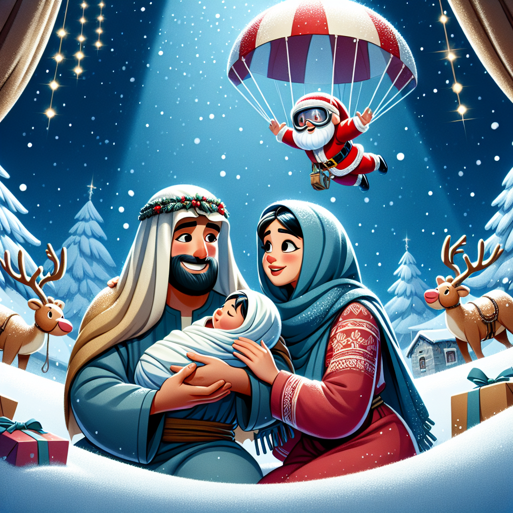 A heartwarming illustration depicts a snowy Bethlehem backdrop where Mary and Joseph huddle around baby Jesus, their faces glowing with joy. Above them, Santa Claus, in his red suit, parachutes down, his sleigh and reindeer parked atop a nearby sand dune, to deliver presents.
Generated with these themes: mary, joseph and baby jesus + santa claus.
Made with ❤️ by AI.