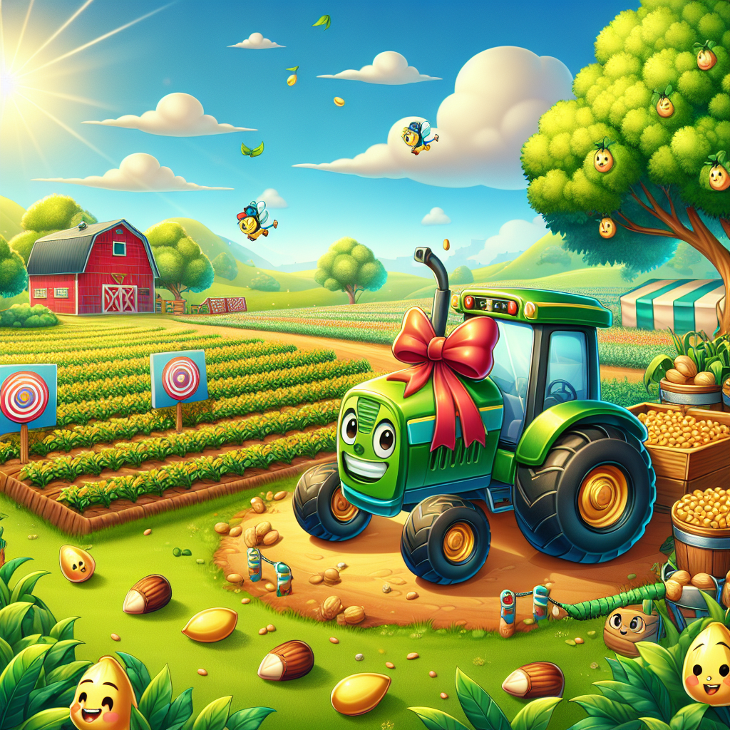 Visualize a lively farm bathed in sunlight on a Father's Day celebration. A key highlight of the scene is a vibrant green cartoon tractor decorated with a grand bow, sitting in a lush field brimming with crops. There is a classic red barn in the distant background contributing to the rural atmosphere. Display a collection of cute, inanimate targets throughout the area indicating a festive shooting game set up for the day's enjoyment. Furthermore, accentuate the charm of the overall imagery with a string of kidding cartoon nuts playfully scattered on the ground, making a path towards the tractor.
Generated with these themes: Tractors, Farm , Shooting , and Nuts.
Made with ❤️ by AI.