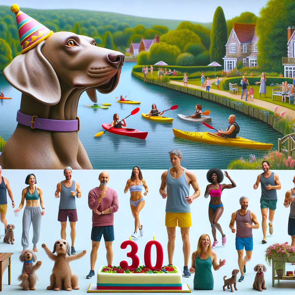 Create a beautiful image of a birthday invitation. The focal point is a lifelike brown Weimaraner, adorned with a colorful party hat, looking out over a serene lake. In the lake, there are various people, men and women of different descents such as Caucasian, Afro, Hispanic, and Middle-Eastern, enjoying kayaking. There are also athletic figures of both genders and diverse races jogging along a quaint shoreline, representing an active lifestyle. This transitions to a festive garden party scene, with a crowd of family and friends of different ages, genders, and descents. Dominating the scene is a very detailed cake, topped with the number '30', to mark the special 30th birthday celebration.
Generated with these themes: Brown Weimaraner, Kayaking , Running, 30th birthday , and Cake .
Made with ❤️ by AI.