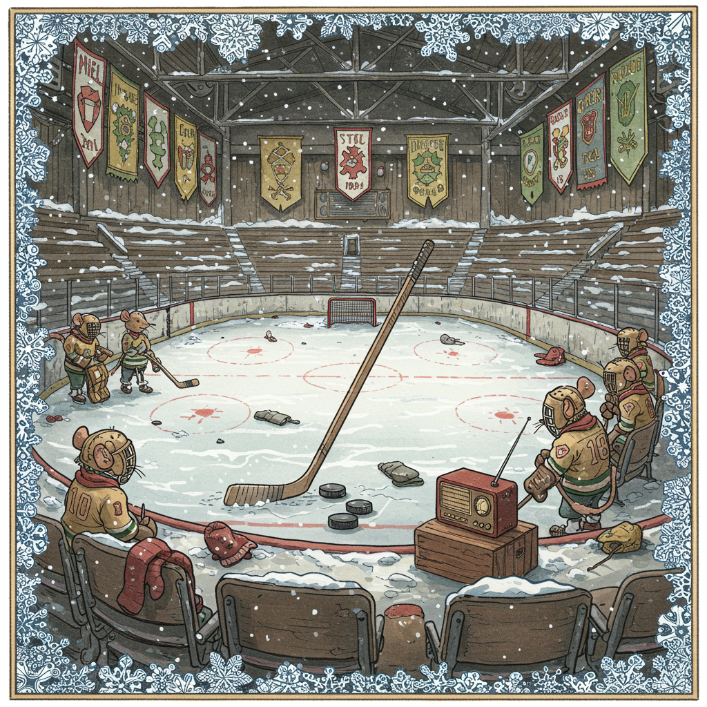 Front and center, the card depicts a comically exaggerated, detailed scene of a deserted ice hockey rink. The rink's ice surface gleams in shades of pale blues and whites, with a few scattered, forlorn-looking pucks strewn about. At the center, there's a lonely hockey stick standing upright, propped into the ice, with its wooden handle etched with little, intricate carvings reminiscent of Aubrey Beardsley's style.

In the background, rows of empty bleachers stretch out, painted in muted browns and grays. Each seat is meticulously drawn, some with snow-dusted mittens left behind, adding a touch of whimsy. Above, the arena's rafters are shown with dusty, old banners hanging limp, in shades of faded gold and green, with their once-proud logos now slightly tattered, channeling a subtle echo of Edward Gorey’s delicate, textured line work.

Along the rink’s edges, small creatures—perhaps little mice, styled in the manner of Beatrix Potter's charming characters—are gathered. They're dressed in miniature, vintage hockey gear with tiny pads and helmets, huddling around an old, forgotten radio perched on a wooden crate, painted in rich browns and copper tones, as if tuning in to a long-gone game.

The top of the card is bordered by a series of gently falling snowflakes, each one intricately unique and drawn with the precision and detail reminiscent of Gustave Doré’s engravings. The snowflakes create a delicate frame, softly enveloping the scene in a quiet, yet detailed embrace, providing a touch of visual softness to the otherwise detailed and expressive image.
Generated with these themes: Sad hockey.
Made with ❤️ by AI.