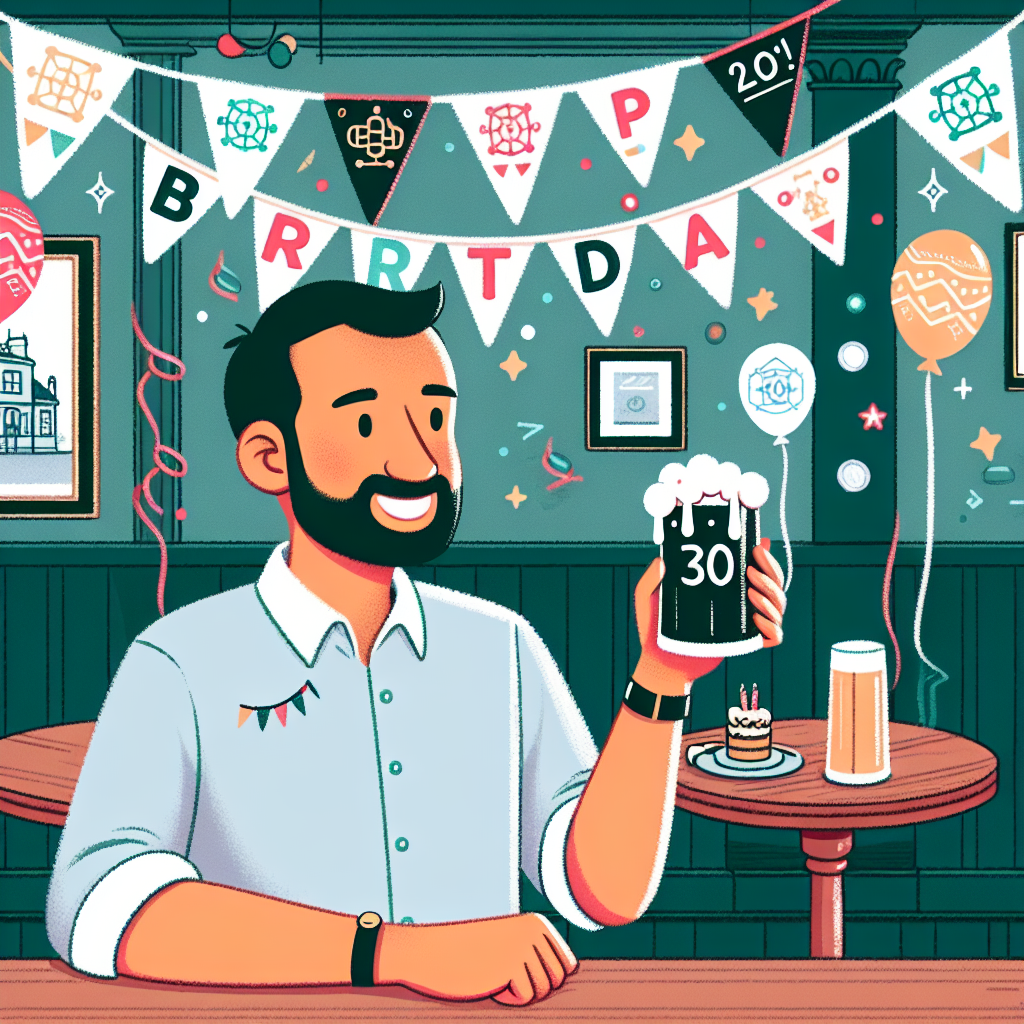 Create an illustration of a charming 30th birthday celebration highlighting a cheery Indian man with short hair. He is seated in a traditional pub in Hammersmith, encapsulated by a festive atmosphere encompassing birthday decorations. These decorations incorporate playful coding symbols into banners and balloons adding a unique touch. In his hand, he holds a pint glass raised in a toast to a new decade, blending his passion for coding with the buzz of the occasion.
Generated with these themes: short hair Indian man, 30th birthday, lives in Hammersmith, likes coding, drinking small pint glass.
Made with ❤️ by AI.