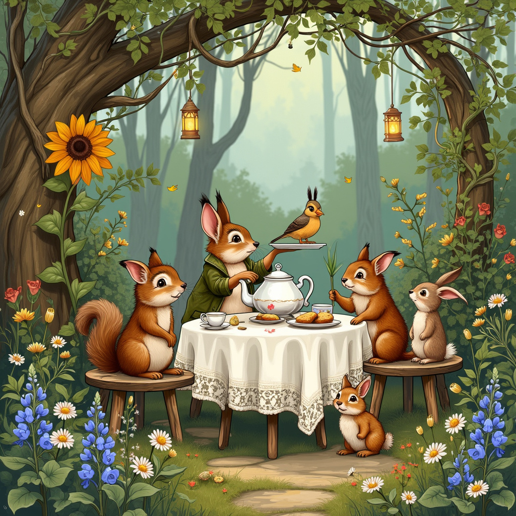 Picture a cozy garden tucked away in an enchanting woodland setting. The garden is a kaleidoscope of color, with vibrant flowers such as sunflowers, foxgloves, and lupines, standing tall and swaying gently in the breeze. Interspersed among them are delicate clusters of bluebells and daisies, adding splashes of contrasting hues. At the heart of this lush sanctuary is a charming round table draped with a vintage lace tablecloth, upon which sits an old-fashioned teapot, surrounded by mismatched teacups that look straight out of a Beatrix Potter illustration.

Seated around the table are a mix of whimsical woodland creatures— a squirrel in a tiny vest, a hedgehog wearing a miniature bonnet, and a pair of birds perched on the teapot, all reminiscent of Arthur Rackham's fantastical characters. They are gathered for a tea party, visibly animated and engaged in what seems to be a lively conversation, as if discussing the most recent events of their woodland home. A rabbit, akin to Maurice Sendak's storytelling creatures, hops up to the table, balancing a tray with freshly baked scones.

In the background, an archway made of intertwined ivy and roses frames the scene, leading to a path that meanders deeper into the forest. Hanging lanterns, inspired by Maxfield Parrish's intricate detailing, dangle from tree branches, casting a soft, inviting glow. A small pond, edged with lily pads and reeds, mirrors the sky, while a family of ducks paddles leisurely, adding movement to the serene landscape.

To one side, a quaint stone bench is partially hidden by overgrown vines, reminiscent of the mysterious gardens Edward Gorey might dream up, offering a secluded spot for reflection. Nearby, an ancient oak tree stands, its gnarled roots forming natural seats and tables, a nod to the storied past captured in the works of Gustave Doré. Quentin Blake's playful line work can be seen in the slight exaggeration of the animals' expressions, giving each character a distinct personality.

Above, the sky is a blend of soft pastels, as if brushed on by N.C. Wyeth himself, with a single, fluffy cloud shaped like a heart— a subtle touch that symbolizes the theme of gratitude. The entire scene is a harmonious blend of natural beauty and whimsical charm, inviting the viewer into a world where nature and magic coalesce, and where gratitude is a celebration shared by all.
Generated with these themes: Lush gardens.
Made with ❤️ by AI.