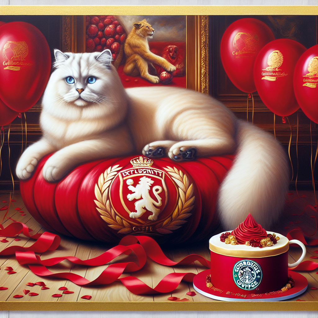 Paint an image of a downy, alabaster feline, resting majestically on a plush scarlet cushion decorated with the insignia of an unnamed football team. The ambiance is festive with buoyant ribbons of red and gold balloons floating in the room. A corner has been dedicated to a named coffee chain, complete with exclusive-themed coffee cosies enveloping each cup. The pièce de résistance, a skillfully constructed cake, incorporates a stylized football motif, hand in hand with the logo of a coffee titan, epitomizing a fusion of athletics and coffee in a tasteful birthday festivity.
Generated with these themes: White fluffy cat, Manchester United FC football team UK, and Costa coffee.
Made with ❤️ by AI.