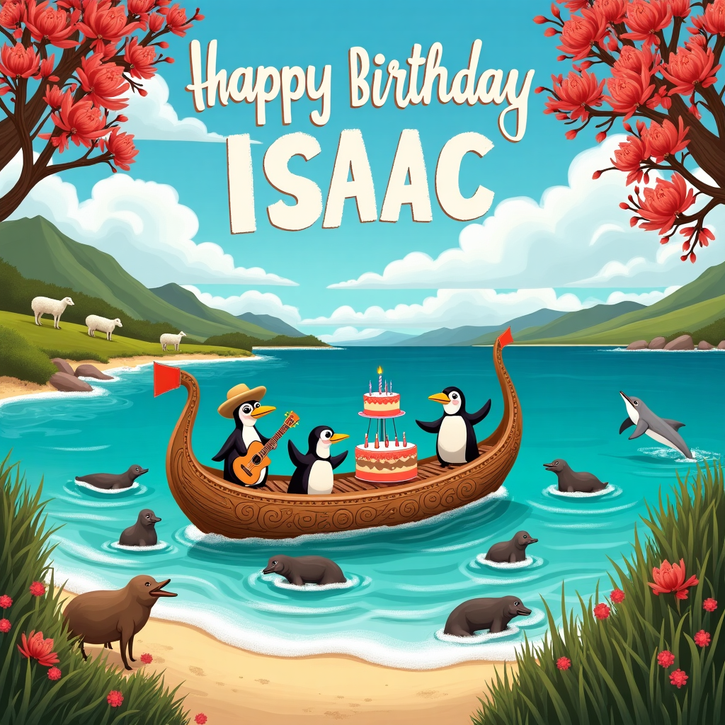 The scene is a whimsical, lively birthday celebration set along the stunning New Zealand coastline, where the cerulean waves gently kiss the sandy shore. In the foreground, a beautifully crafted Maori Waka boat, intricately carved with traditional motifs, sails merrily atop the water. The Waka is filled with quirky characters that blend the charm of Beatrix Potter's creatures with Quentin Blake's playful figures. There's a cheeky kiwi bird at the helm, wearing a captain's hat that seems comically oversized for its small head. Surrounding it are a pair of jovial penguins, one playing a ukulele and the other holding a brightly colored birthday cake aloft. In the sky, a group of fluffy clouds have whimsically formed the letters to spell out "Happy Birthday Isaac," creating a playful and eye-catching banner above the seascape. Along the coastline, Pohutukawa trees, with their vibrant red blossoms, frame the scene, and the distant silhouette of rolling hills and sheep peppered with tufts of green grass add depth. In the water, a family of seals poke their heads above the surface, watching the celebration with curious eyes. A playful Hector's dolphin leaps joyously from the water, seemingly joining in the festivities. A few tuis, with their iridescent feathers, flit amongst the branches of the trees, adding an extra touch of enchantment. The whole scene is a delightful blend of nature and celebration, meticulously detailed and brimming with charming, humorous elements for Isaac's special day.
Generated with these themes: Maori Waka boat , and New Zealand coastline.
Made with ❤️ by AI.