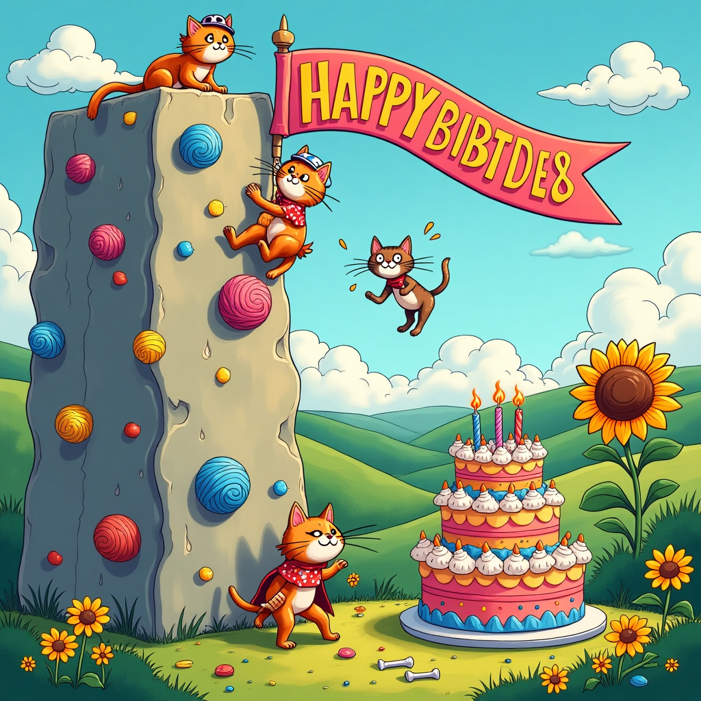 The birthday card's front cover features a whimsical, colorful cartoon scene filled with quirky cats bouldering their way up a fantastical climbing wall. The backdrop is a vibrant and playful landscape with exaggerated features, reminiscent of a Charles Schulz meets Walt Disney style, with a nod to Osamu Tezuka's lively character animation.

The climbing wall is a massive rock formation, dotted with oversized, brightly colored holds in the shapes of fish, yarn balls, and mice. Each hold is a different eye-catching color like electric blue, bubblegum pink, and canary yellow. The wall itself is textured and painted in soft, comic-style brush strokes, adding depth and dimension to the scene.

Cats of various breeds and sizes, each with exaggerated cartoonish expressions, are scattered across the wall. One fluffy orange tabby in a polka-dot helmet and knee pads is scaling a particularly steep section. A sleek Siamese cat with oversized eyes and a mischievous grin hangs upside down from a hold shaped like a giant tuna can. Meanwhile, a chubby calico with a cape is cheerfully dangling from a mouse-shaped hold, looking ready to leap to the next.

In the background, rolling hills are dotted with oversized daisies and towering sunflowers with cartoonishly large smiling faces. A bright blue sky overhead is dotted with fluffy clouds, one of which is shaped like a cat paw, providing a whimsical nod to the theme.

A large, colorful banner stretches across the top of the card, held aloft by two playful clouds, with the name "Seb" prominently displayed in bold, comic-style letters that appear as if they are leaping out from the card. The letters are decorated with tiny paw prints and fishbones, adding to the playful, feline theme.

At the foot of the climbing wall, a quirky, cartoon-style birthday cake stands out with multiple tiers of wobbly, vibrant layers, each decorated with rainbow sprinkles and a cascade of cat-shaped candles, their flames flickering as if caught in the action of the scene.

Overall, the scene is packed with amusing details and vibrant colors, inviting the viewer into a world where cats are the climbers and the adventure is as playful as it is unexpected.
Generated with these themes: cats bouldering .
Made with ❤️ by AI.