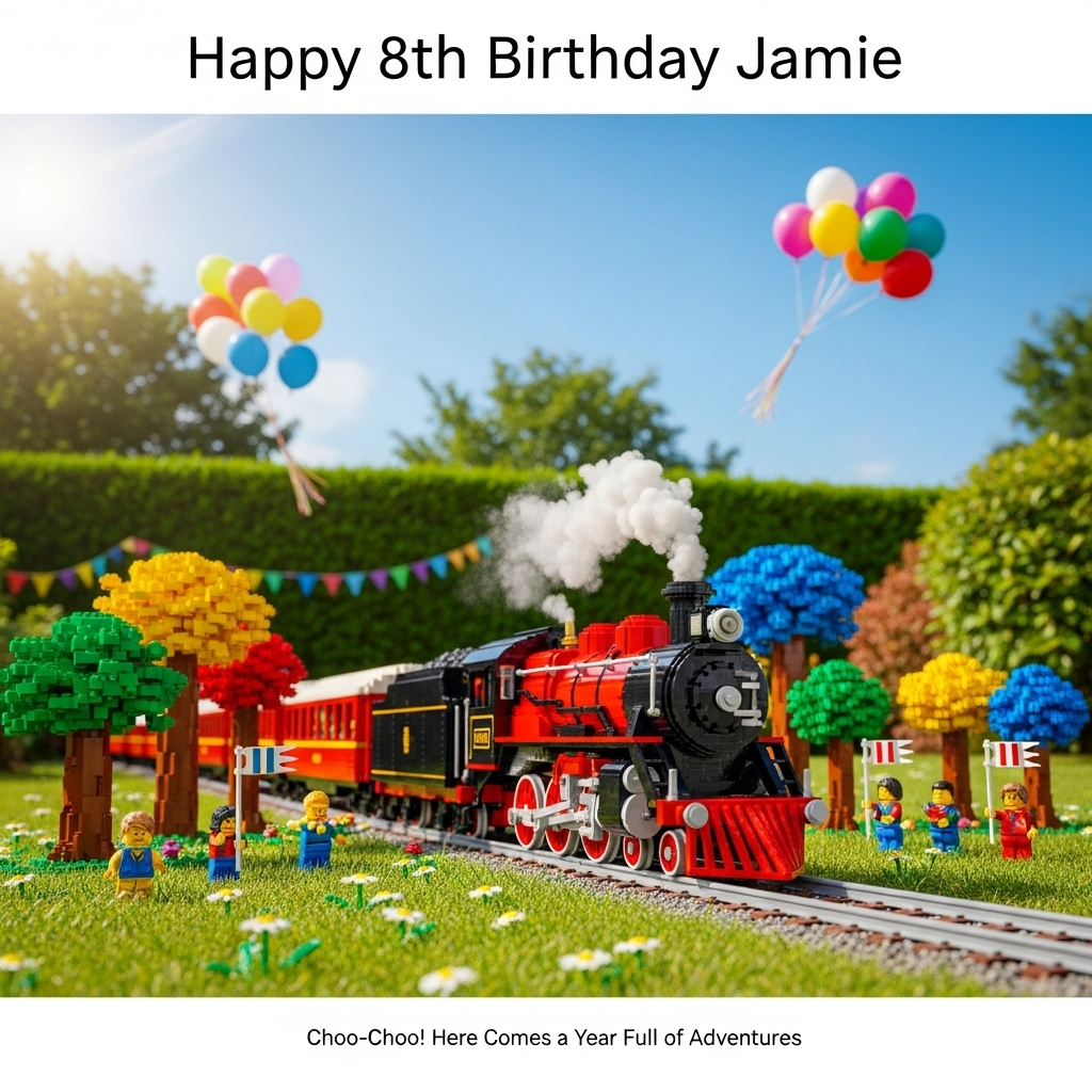 At the top of the photorealistic picture taken from a camera image, the text should read: "Happy 8th Birthday Jamie".

---

Picture a delightful scene on a sunlit birthday morning. The focus is a large, intricate Lego steam train set up in a garden. The train is an exact miniature of an iconic steam locomotive, complete with vibrant red and black colors, billowing a whimsical puff of Lego "steam" into the air. Surrounding the train are colorful Lego trees and tiny Lego people waving flags. In the background, a rainbow of balloons floats joyously in the gentle breeze, adding to the festive feel. The lush green grass is dotted with daisies and the sky is a perfect shade of blue, emphasizing the lively and playful atmosphere. The depth of field is rich, capturing every tiny detail, from the textured bricks of the Lego to the glimmer of sunlight on each element. A small, playful caption below the image reads, "Choo-Choo! Here Comes a Year Full of Adventures!"
Generated with these themes: Lego trains, steam trains, , and .
Made with ❤️ by AI.