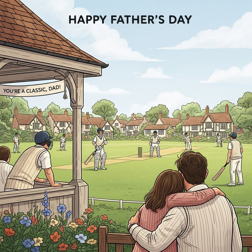 At the top of the Illustration Style image, include the text "Happy Father's Day".

---

**Image Prompt:**

A picturesque village cricket match in the heart of Surrey unfolds under a gentle summer sky. The scene captures a timeless moment as players clad in crisp white uniforms take their positions on a lush green field. In the foreground, a father and child share a warm embrace, their expressions full of pride and joy as they watch the game. Behind them, a quaint English village with charming cottages and blooming gardens provides a serene backdrop. The illustration is brought to life with fine linework and textured brush strokes, creating a balance between detail and warmth. The color palette is inviting, featuring warm greens, gentle blues, and soft earth tones. A small banner hanging from the pavilion reads, "You're a classic, Dad!", subtly complementing the heartfelt scene.
Generated with these themes: Village cricket match in surrey, and .
Made with ❤️ by AI.