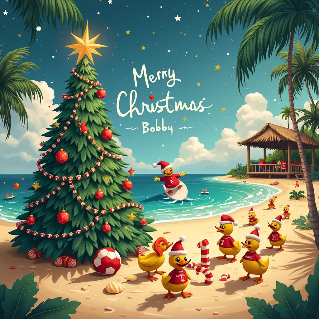 Imagine a vibrant, surreal Christmas scene set on a tropical Hawaiian beach, infused with whimsical elements and eclectic themes. At the center of this enchanting illustration stands a large, sand-made Christmas tree, adorned with Liverpool FC memorabilia such as mini footballs, scarves, and tiny jerseys that hang like ornaments. Beside the tree, a lively group of animated, brightly colored ducks don Santa hats and Aloha shirts while joyfully playing darts with candy canes and large sea shells serving as their targets.

In the backdrop, a traditional Hawaiian outrigger canoe rests on the shore, with the name 'Bobby' artfully etched in the sand as though crafted by an invisible hand. Above, fluffy clouds have been whimsically shaped to spell out ‘Merry Christmas, Bobby,’ while the silhouette of Santa Claus rides the crest of a giant wave on a surfboard. 

The beach area is populated with fantastical characters inspired by Maurice Sendak and Arthur Rackham, including fairy-like beings with wings crafted from palm fronds and tropical flowers. These delightful creatures flit about, sprinkling festive lights that illuminate the whimsical setting. To the right, a cozy tiki hut, festooned with twinkling fairy lights, serves as a charming gathering spot, where ducks perch on the roof, and tiny banners of Liverpool FC flutter gently in the breeze.

Overall, the scene is a delightful and fantastical fusion of Christmas, football, and tropical paradise, wrapped in a quirky charm that makes it perfect for a unique Christmas greeting card. 

Generated with these themes: Liverpool FC, Darts, Ducks, and Hawaii.  
Made with ❤️ by AI.