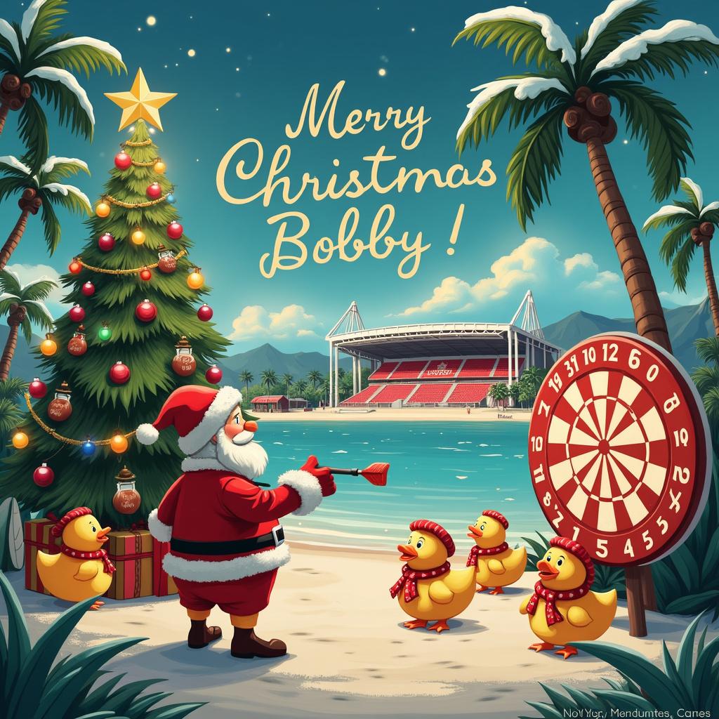 In a whimsical holiday scene, a Christmas greetings card captures a surreal wintery beach in Hawaii. The landscape is adorned with snow-capped palm trees twinkling with colorful Christmas lights, creating a striking contrast against the warm, sandy beach. At the heart of the scene stands a larger-than-life Christmas tree, uniquely decorated with miniature Liverpool FC jerseys, scarves, and footballs that serve as ornaments. Nearby, Santa Claus, sporting a vibrant red Hawaiian shirt and Liverpool FC shorts, engages in a game of darts with a giant dartboard wrapped in festive patterns. Each dart features quirky, rubber duck-shaped fins instead of traditional feathers, adding an element of playfulness to the game. Cheerfully surrounding Santa are a group of anthropomorphic ducks, all dressed in Hawaiian leis and Liverpool FC scarves, who enthusiastically cheer him on as they watch the game unfold. In the backdrop, the iconic Anfield stadium is surrealistically reimagined, embellished with palm trees and surfboards, blending the holiday spirit with a tropical vibe. High above, fluffy clouds gracefully weave together to spell out "Merry Christmas, Bobby" in elegant cursive letters. This imaginative scene beautifully intertwines the themes of Christmas, summer beach life, Liverpool FC, darts, and cheerful ducks, creating a rich tapestry of detailed imagery.

Generated with these themes: Liverpool FC, Darts, Ducks, and Hawaii.  
Made with ❤️ by AI.