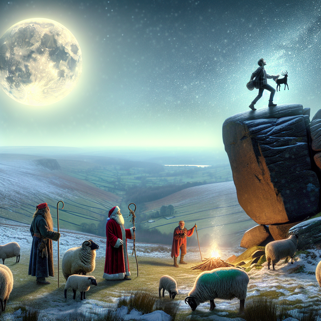 In the tranquil expanse of the Peak District National Park, snowflakes drift down from the heavens, illuminated by a radiant full moon. Jesus gracefully scales a boulder, a testament to resilience and faith, while the vigilant three wise men wait below to provide safety. Shepherds nearby tend to their sheep, set against a backdrop where Santa, in a quirky twist, is seen roasting Rudolph over an open fire.
Generated with these themes: Jesus rock climbing on a boulder in the peak district national park, Snowing, full moon, Three wise men ready to catch jesus if he falls, Shepherds , and Santa cooking rudolph on a spit in the background.
Made with ❤️ by AI.
