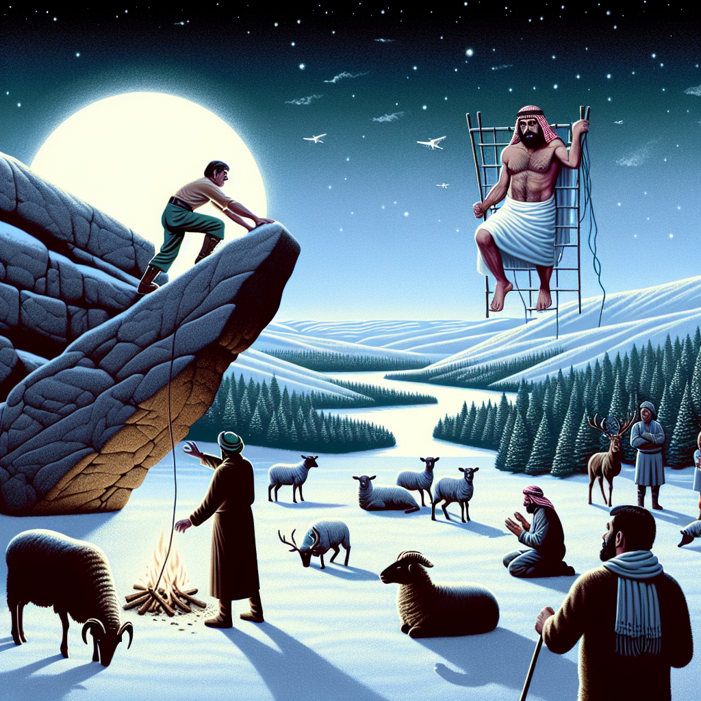 A serene Christmas scene unfolds in the Peak District National Park, where a full moon casts a soft glow over the snowy landscape. At the center, Jesus is depicted rock climbing on a massive boulder. Below him, the three wise men stand with arms outstretched, prepared to catch him if he slips. Nearby, a group of shepherds watch over their flocks, while in the distance, a touch of macabre humor is added with Santa roasting Rudolph on a spit.
Generated with these themes: Jesus rock climbing on a boulder in the peak district national park, Snowing, full moon, Three wise men ready to catch jesus if he falls, Shepherds , and Santa cooking rudolph on a spit in the background.
Made with ❤️ by AI.