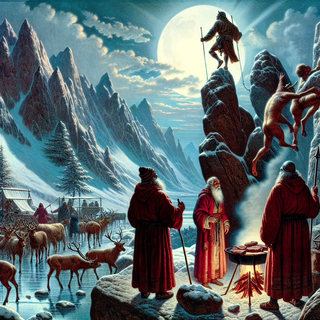 Amidst the snow-covered peaks of the Peak District National Park, under the watchful eye of a bright full moon, Jesus engages in the symbolic act of rock climbing. Positioned just below, the three wise men are ready to ensure his safe ascent. Surrounding them, shepherds quietly guard their flocks, while in an unexpected nod to the strange and somber, Santa is seen grilling Rudolph on a spit in the periphery of the scene.
Generated with these themes: Jesus rock climbing on a boulder in the peak district national park, Snowing, full moon, Three wise men ready to catch jesus if he falls, Shepherds , and Santa cooking rudolph on a spit in the background.
Made with ❤️ by AI.