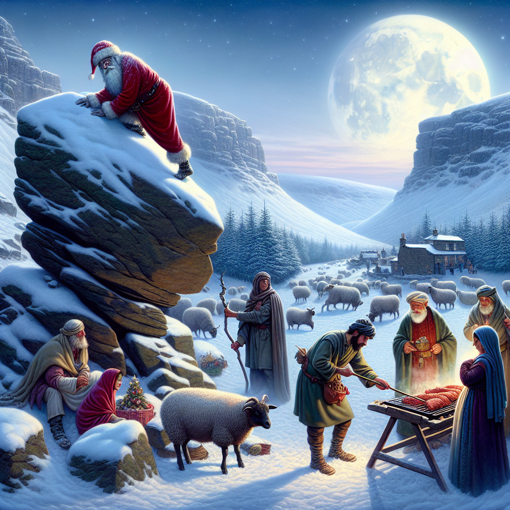 Jesus rock climbing on a boulder in the peak district national park, Snowing, full moon, Three wise men ready to catch jesus if he falls, Shepherds , and Santa cooking rudolph on a spit in the background Christmas Card