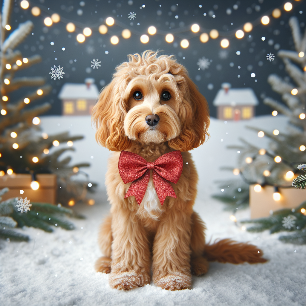 A charming Christmas-themed vector illustration showcasing a slender adult Cockapoo dog with a glossy apricot coat. The scene is adorned with festive decor, and the dog's sparkling eyes gleam with holiday cheer.
.
Made with ❤️ by AI.