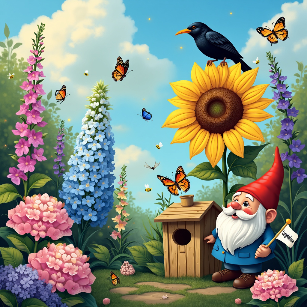 Imagine a vibrant, whimsical garden bursting with life, set against the backdrop of a radiant blue sky dotted with fluffy white clouds. In the heart of this garden stands a tall, elegant Hydrangea bush, its large clusters of pink and blue blossoms resembling delicate, colorful pom-poms. Next to it, a proud Sunflower stretches towards the sky, its enormous golden-yellow petals surrounding a dark brown center, looking like a giant smiling face basking in the sunlight. On the other side of the garden, stalks of Digitalis (Foxglove) rise up like floral skyscrapers, their tubular flowers in shades of purple, pink, and white inviting pollinators with their intricate patterns.

Perched on a wooden birdhouse, painted in cheerful pastel colors, a glossy black Blackbird with its beady eyes and bright orange beak sings a melodious tune. Around the birdhouse, butterflies of various species flutter gracefully: a Monarch with its iconic orange and black wings, a Swallowtail with striking yellow and black markings, and a delicate Blue Morpho with shimmering azure wings.

Humble bees, plump and fuzzy, buzz industriously around the flowers. One bee dives headfirst into a Hydrangea bloom, its legs dusted with pollen, while another performs a mid-air ballet near the Sunflower. In the corner of the scene, a whimsical garden gnome with a mischievous grin and a bright red hat peeks out from behind the Digitalis, holding a tiny flag that reads, "Congratulations!"

Every element of the scene is interconnected, creating a harmonious and enchanting celebration of nature’s beauty and the joy of achievement. The vivid colors and lively details make it clear that this garden is not just a place, but a magical world where congratulations are sung by birds, whispered by flowers, and danced by butterflies and bees.
Generated with these themes: Garden, Hydreanga, Sunflower, Digitalis, Blackbird, Butterflies, and Humble bees.
Made with ❤️ by AI.