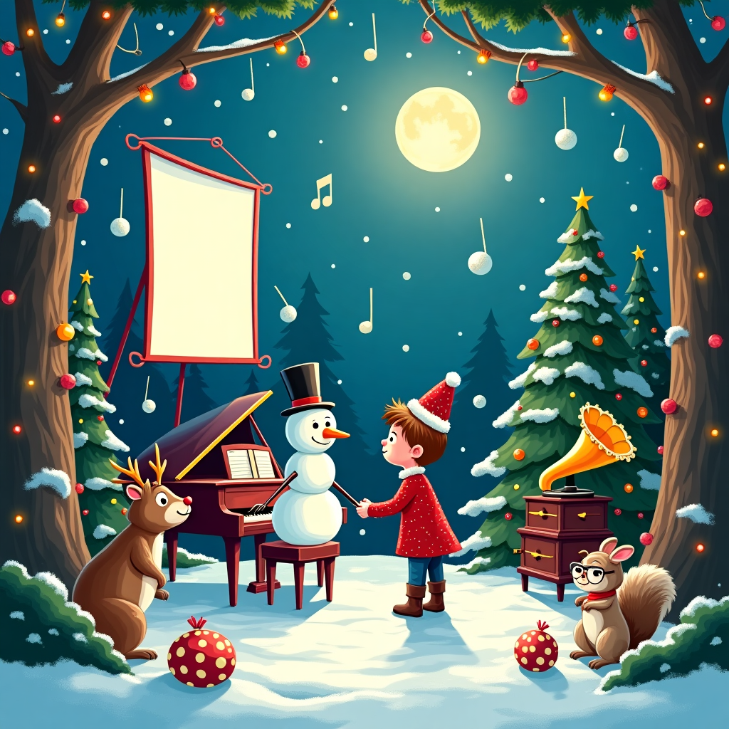 In this whimsical Christmas card design, we find ourselves amidst a lively, surreal concert set in an enchanted snowy forest. The scene bursts with theatrical flair, as towering Christmas trees draped with twinkling fairy lights form a natural amphitheater. At center stage, there's a grand piano, its keys made of peppermint candy, played by a snowman with icicles for fingers and a top hat adorned with tinsel. His audience, a lively mix of woodland creatures, includes a reindeer with antlers wrapped in colorful ribbon and a rabbit wearing a Santa hat, both swaying to the rhythm. Above, a giant movie screen made of ice hangs from the branches, projecting classic holiday films, casting a magical glow over the scene. Beside the piano, a vintage gramophone blares out jazzy Christmas tunes, while a squirrel with oversized glasses operates the crank. In the foreground, our protagonist—a cartoon character inspired by Schulz's simple lines but with a dash of Eisner's expressive depth—stands hand in hand with his girlfriend. She wears a starry night sky-themed dress that seems to sparkle under the moonlit night. Together, they gaze up in awe as musical notes float in the air, transforming into snowflakes that gently fall, blending the magic of film and music into one mesmerizing Christmas symphony.
Generated with these themes: Spectacular, Theatrical, Concert, Amazement, Film and music, and Girlfriend.
Made with ❤️ by AI.
