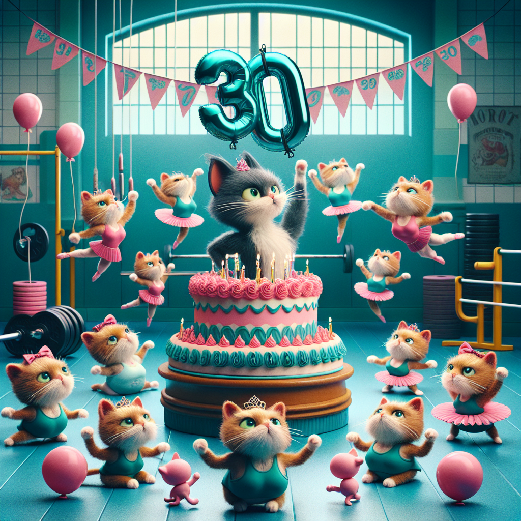 Create a humorous and charming cartoon scene that exudes tones of vibrant teal and pink. The scene takes place in a gym setting, featuring miniature barbells and other fitness elements to suggest a unique fusion of fitness and festivity. Hovering above, a garland made of '30' shaped balloons stretches across the scene. The center of attention is an eccentric dance performance by a group of feline characters dressed in tutus and conducting ballet poses. Amidst these dancing felines, prominently display a whimsically decorated cake stand bearing charming confections marked by the same pink and teal color scheme.
Generated with these themes: 30 Teal Pink Cakes ballet cats gym .
Made with ❤️ by AI.