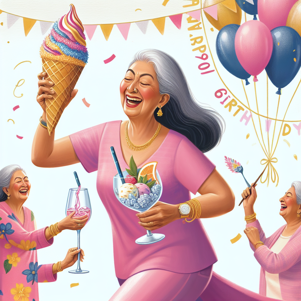 Create an image capturing a heartwarming 60th birthday celebration. Paint a joyful South Asian woman holding a toasting glass filled with gin in one hand, whilst delicately balancing a towering, vibrant-colored ice cream cone in her other hand. Illustrate her in mid-stride to symbolize her passion for walking. Finally, incorporate subtle elements like balloons and confetti in the background, emitting a festive ambiance to the overall scene.
Generated with these themes: Gin, Woman, 60th birthday, Ice cream, and Walking.
Made with ❤️ by AI.