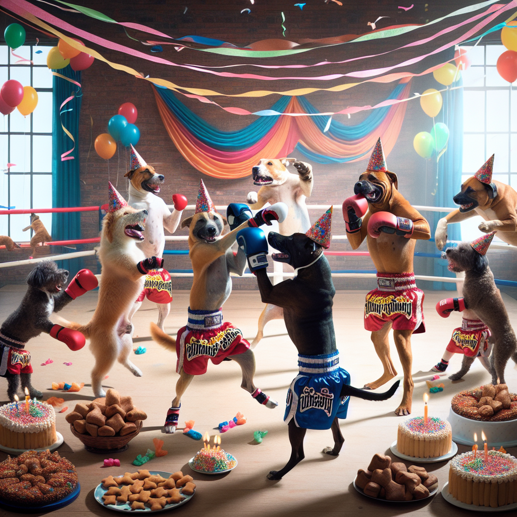 Imagine an energetic scene filled with dogs engaged in a playful Muay Thai battle, wearing festive fighting trunks. The canines are surrounded by colorful streamers and exceptionally large treats suitable for dogs, exhibiting the light-hearted atmosphere of a unique birthday celebration. These adept canine warriors exchange not only skillful playful kicks and punches but also friendly high-fives, smoothly mixing the seriousness of the martial art with the fun of a birthday party. Laughter echoes across the scene as each dog deftly evades the playful blows, capturing the competitive spirit of the sport while reveling in the charm of a surreal birthday party.
Generated with these themes: Muay Thai fighting dogs having a party .
Made with ❤️ by AI.