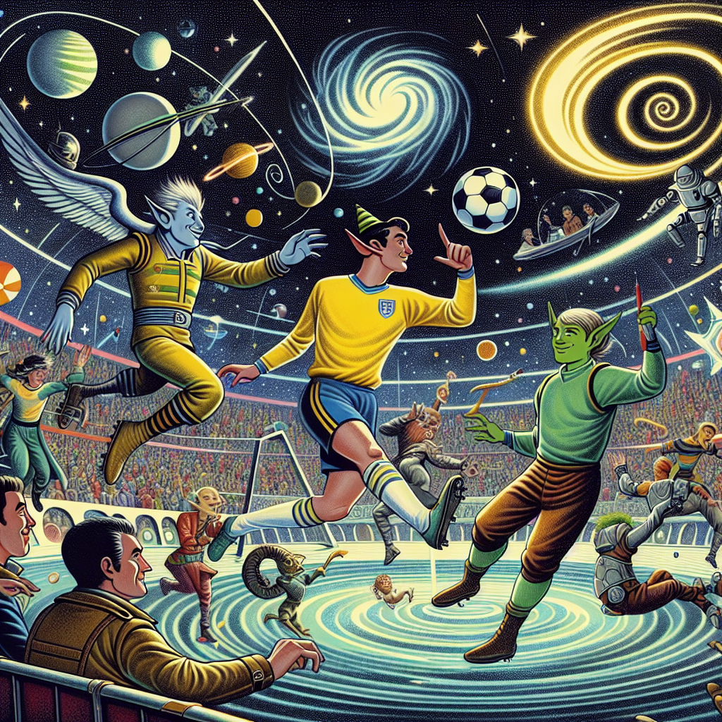 A whimsical birthday image capturing a fantastical space party in which human-like aliens and fictional adventurers partake in a lively game of football amid spinning galaxies. With semi-pointed ears and in a yellow uniform, a humanoid figure maneuvers the ball, while another sporting a green top serves as his team-mate. A mischievous cartoon teenager with a spiky hairdo contributes to the fun, while a courageous elf-like hero outfitted with a sword artfully evades a martial artist executing a legendary move. Observing the eccentric pandemonium from a spaceship-like swimming pool in the cosmic expanse is a middle-aged, Caucasian detective figure. The scene conveys an amusing yet sophisticated mood, with understated hues suggesting mature pleasures amidst the celebratory uproar.
Generated with these themes: Star Trek, Space, Football, Swimming, Homicide Hunter, The Simpsons, Zelda, Street Fighter, and Sex.
Made with ❤️ by AI.