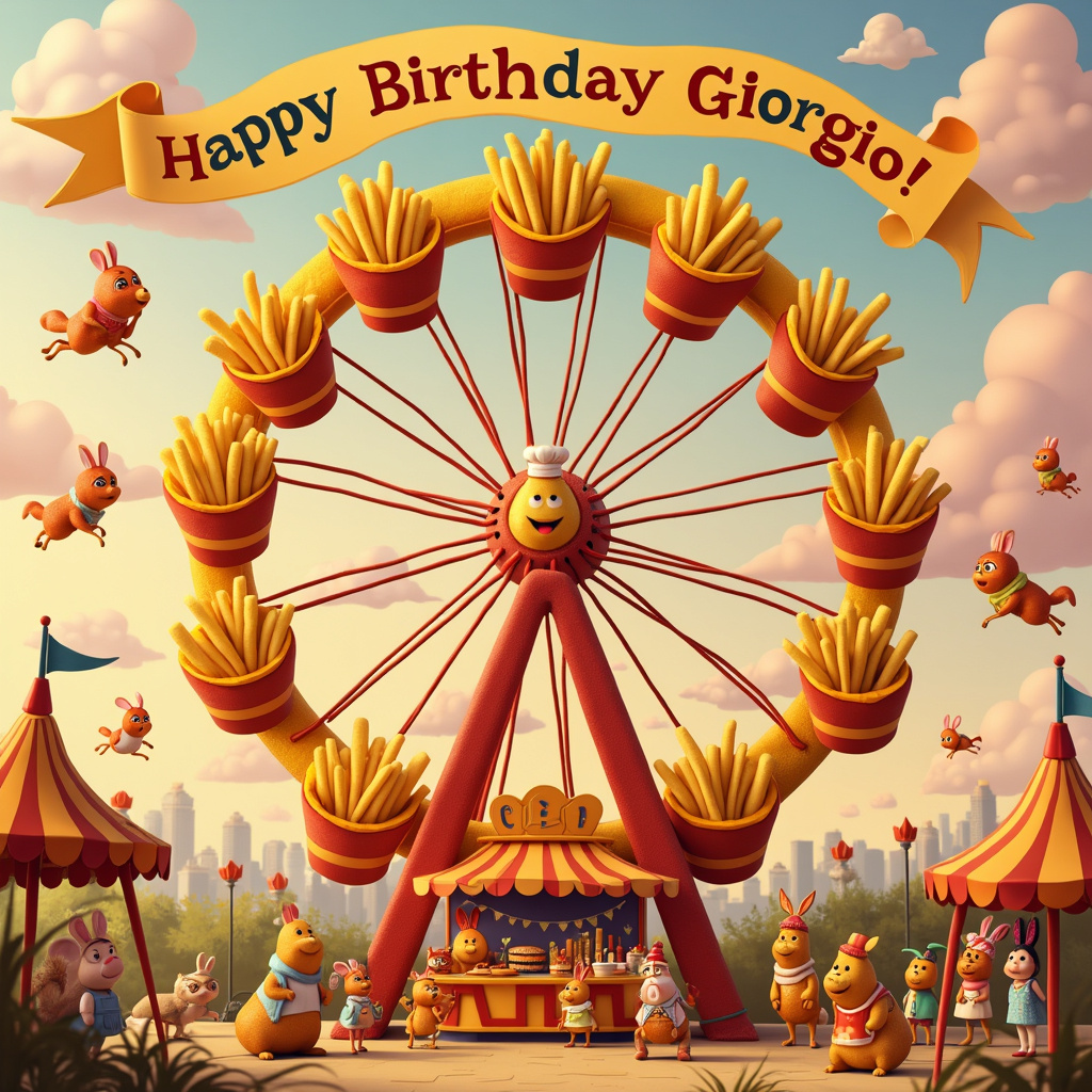 Imagine a whimsical and bustling birthday fairground set against a pastel sunset sky with cotton candy clouds. Center stage is a giant Ferris wheel made entirely of golden, crispy French fries. The Ferris wheel is animated, with each carriage shaped like a cute, cartoonish ketchup bottle. In one of the ketchup bottle carriages, a charming potato character with a birthday hat waves cheerfully.

Below the Ferris wheel, there's a lively food stall selling various French fry dishes, with a big banner overhead that reads "Happy Birthday Giorgio!" in colorful, ketchup and mustard script. The stall is manned by a jolly chef who looks like a friendly potato, complete with a chef’s hat and apron. Nearby, another potato character, dressed as a ringmaster, orchestrates a French fry juggling act featuring interlocking, looping fries forming intricate, playful shapes in mid-air.

To the left, there's an intricate carousel where each rideable "horse" is a French fry creature with joyful expressions, some even holding tiny flags that spell out "Giorgio" when viewed from a distance. Children and playful animals—rabbits, squirrels, and foxes inspired by Beatrix Potter—are riding these whimsical fry steeds.

In the sky, formed by fluffy, ketchup-red clouds, are more flying potato characters holding a long, flowing banner that loops around the entire scene with the message "Happy Birthday Giorgio!" written in golden cheese sauce. This whimsical, quirky scene combines French fries and the interlocking, looping element to create a playful, detailed, and joyful birthday card illustration.
Generated with these themes: Fench fries, and Inter .
Made with ❤️ by AI.