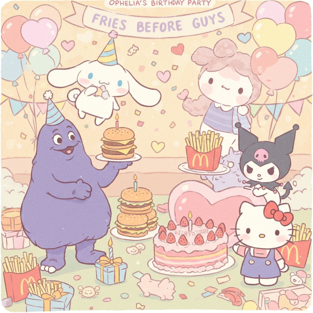 At the top of the Illustration Style image, write "Ophelia’s Birthday Party".

**Image Description:**

In a delightful, hand-drawn illustration style, the image bursts with warmth and charm. In the center, a vibrant birthday scene unfolds within a whimsical McDonald's-themed world. Cinnamoroll, with his floppy ears and adorable blue eyes, floats joyfully on a cloud-shaped balloon, holding a rainbow-striped party hat. Beside him, Grimace, with his iconic purple hue, holds a tower of burgers, each adorned with colorful candles.

To the right, Kuromi, with her mischievous grin and skull-adorned bow, offers a platter of fries shaped like stars. Hello Kitty, radiating sweetness in her classic red bow, presents a giant, heart-shaped birthday cake with strawberry frosting.

Above them, a banner with a playful font reads "Fries Before Guys," adding a cheeky twist to the celebration. The backdrop features pastel confetti and floating heart balloons, creating a dreamy, festive atmosphere.

The color palette is a harmonious blend of soft pinks, blues, and yellows, exuding a sense of joy and celebration. This enchanting scene captures the essence of a birthday party filled with beloved characters and delightful surprises.
Generated with these themes: Cinnamoroll, grimace, McDonald’s , Kuromi, Sanrio,hello kitty, and .
Made with ❤️ by AI.