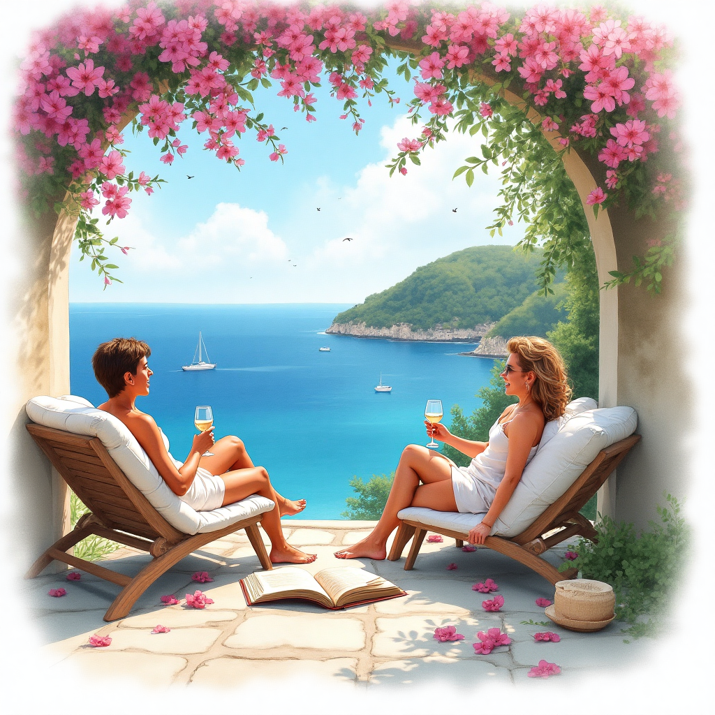 At the bottom of the Watercolor Style image, include the text: **Happy anniversary babe**

---

Visualize a romantic, tranquil scene set on the enchanting island of Corfu. In the foreground, capture a cozy outdoor nook where a couple lounges contentedly. The watercolor painting showcases the delicate interplay of sunlight and shadow, as they relax with a glass of wine in hand. The background reveals a stunning panorama of Corfu’s coastline, painted with soft blues and greens that seamlessly blend into the horizon. 

Near the couple, an open book rests invitingly, its pages gently catching the light breeze, hinting at a shared story or adventure. Include soft touches of blooming bougainvillea flowers, their vibrant pinks and purples contrasting beautifully against the serene seascape. The watercolor style infuses the scene with a dreamy, romantic atmosphere, capturing the essence of a perfect anniversary moment.

A whimsical touch: An ethereal message subtly blends into the scene, saying, "To our endless chapters and sweet escapes..."
Generated with these themes: Corfu, Glass of wine, relaxing, reading, and .
Made with ❤️ by AI.