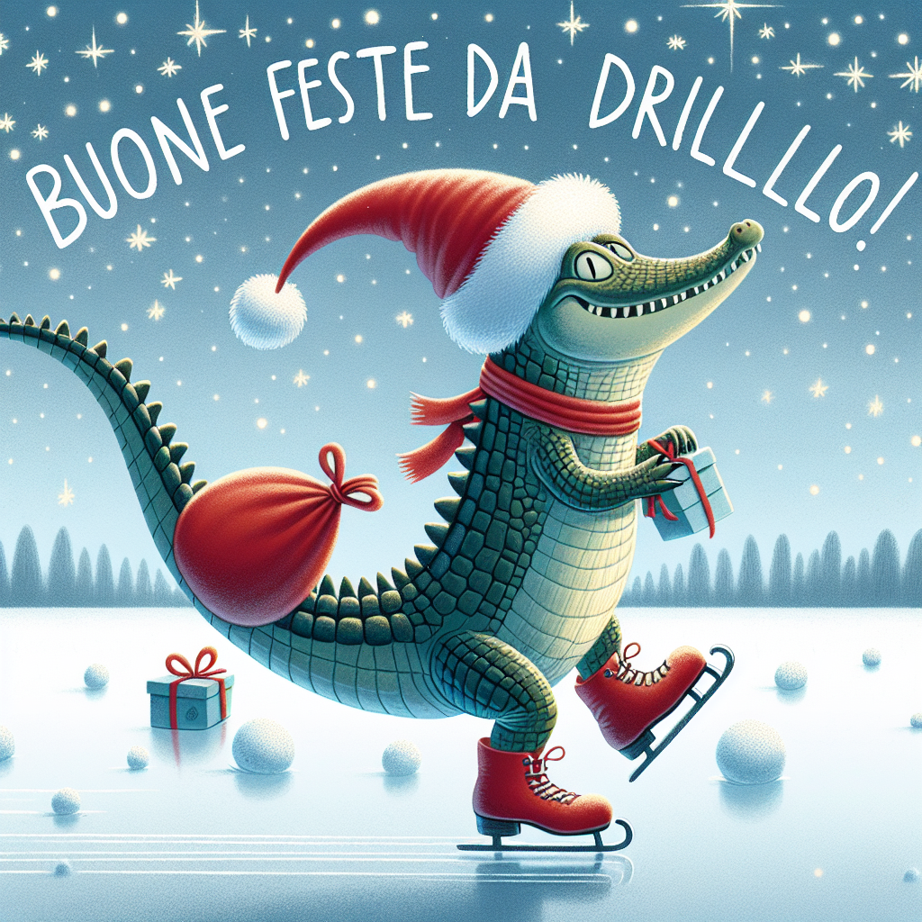 A jolly scene where a Crocodile is ice-skating on a frozen pond, with a Santa hat askew on its head. It's holding a gift bag with its tail and has a wide grin on its face. Snowflakes are gently falling down, and in the sky above, 'Buone Feste da Drillo!' is written as if by the stars.
Generated with these themes: Crocodile.
Made with ❤️ by AI.