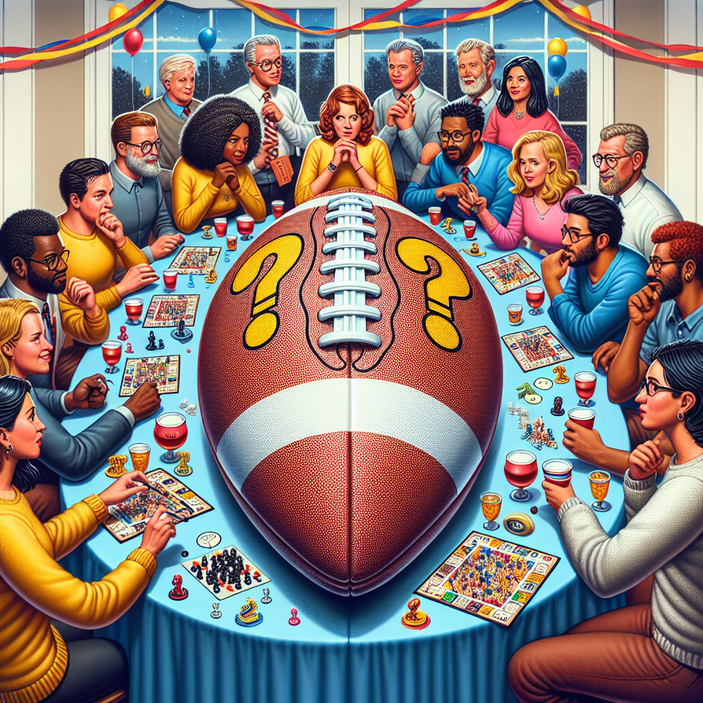 Create a detailed image of an unconventional birthday party scene. The centerpiece of the event is a giant football, decorated with question marks, signifying trivia challenges. The football is also filled with miniaturized board game pieces. Teams of partygoers, each consisting of diverse members with different genders and descents such as Caucasian, Hispanic, Black, Middle-Eastern, South Asian, are huddled around, their brows furrowed in concentration as they engage in the trivia quizzes. The competitive spirit and joy of the party is evident in their gestures. The ambiance is further enhanced with traditional party decor like streamers and balloons.
Generated with these themes: Football, Quizzes, and Board games.
Made with ❤️ by AI.