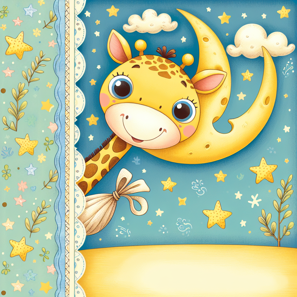 Please illustrate a cheerful scene featuring a playful giraffe peering in from the edge of the image, its large, expressive eyes radiating happiness. The background is adorned with motifs of stars and the moon, emphasizing the magical and wondrous elements of childhood. The scene is dominated by soothing blues and joyful yellows, suggesting a serene but upbeat ambiance. The giraffe is carrying a tiny, wrapped bundle in its mouth, indicating the presence of a newborn addition to a family.
Generated with these themes: Giraffe.
Made with ❤️ by AI.