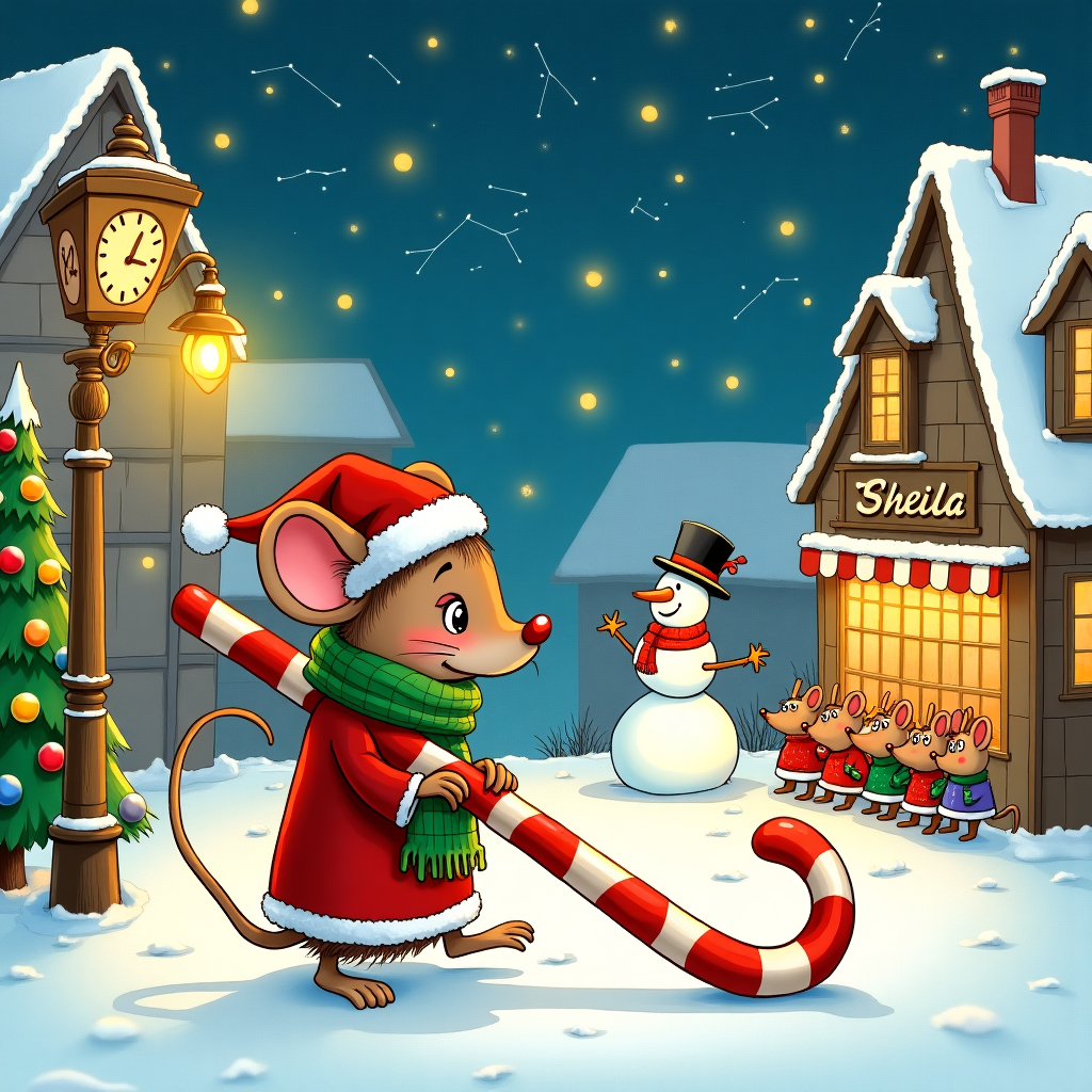In the whimsical world of snow-dusted rooftops and twinkling fairy lights, we find a bustling Christmas scene set in a cozy village square, reminiscent of a Charles Schulz cartoon with a touch of Gary Larson’s humor. In the foreground, a cheerful little Christmas mouse, with a red Santa hat slightly askew and a bright green scarf wrapped snugly around its neck, is diligently dragging a gargantuan candy cane twice its size across the snow. The mouse's determined expression is contrasted by its rosy cheeks from the chilly air, akin to an adventurous Calvin from Calvin and Hobbes.

Perched atop the candy cane is a tiny Christmas tree adorned with colorful baubles and twinkling lights that blink mischievously like the eyes of a playful cat. To the left, an old-fashioned lamp post stands tall, casting a warm glow over the scene, with snow softly accumulating on its crown, reminiscent of the nostalgic settings from Hergé's Tintin. Behind the lamp post, a quaint bakery, reminiscent of a classic Walt Disney animation, displays an array of gingerbread houses in its window, each meticulously decorated with icing snow and gummy candies.

In the background, the village clock tower chimes, its clock face hilariously transformed into a grinning mouse face, complete with whiskers, as a nod to Osamu Tezuka’s playful style. The sky is a starry expanse, with constellations twinkling like diamonds, and among them, Sheila’s name is artfully formed by the stars, as if written by a cosmic hand, providing a personal touch inspired by Winsor McCay's fantastical artistry.

To the side, a group of carol-singing mice, wearing tiny woolen sweaters in vibrant hues, are gathered around a snowman, whose carrot nose is comically oversized, a tribute to R. Crumb’s exaggerated style. In the snowman's top hat, a mischievous bird, with a scarf that matches the mouse's, peeks out curiously. The card is a lively tapestry of Christmas cheer, combining elements from a variety of inspirations while telling a heartwarming and humorous story that centers on a delightful Christmas mouse adventure.
Generated with these themes: Christmas mouse.
Made with ❤️ by AI.