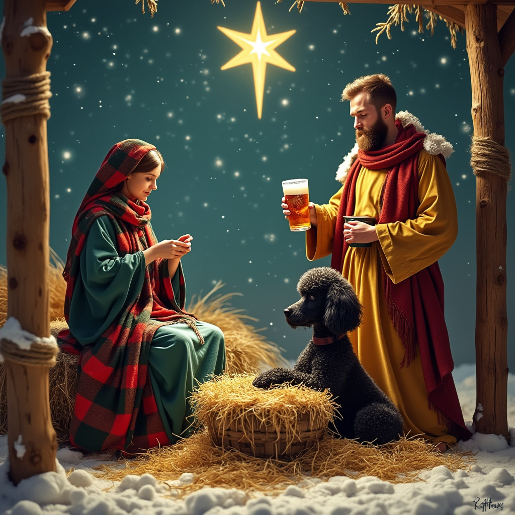 In the heart of a cozy, snow-dusted Bethlehem, a delightful Christmas scene unfolds under a twinkling star-filled sky. Nestled inside a quaint wooden stable with hay scattered on the floor, Mary sits serenely on a bale of straw, her fingers deftly knitting a vibrant red and green scarf, a modern nod to her nurturing spirit. Beside her, instead of a traditional manger scene, a black poodle with a fluffy, curly coat snoozes comfortably in a makeshift crib of soft, golden straw, symbolizing warmth and protection. Joseph stands nearby, casually clad in a Hull City Tigers football shirt, the bold amber and black stripes creating a stark contrast against the rustic surroundings. In his right hand, he holds a frothy pint of ale, his eyes gently watching over the peaceful tableau. To the side, the three wise men have gathered, each dressed in rich, jewel-toned robes of sapphire, emerald, and ruby. These kings, however, have swapped their gifts for musical talent, forming a harmonious choir, mouths open in song as they serenade the holy family with carols. The echoes of their song, resonant and full, seem to lift into the night air, mixing with the subtle, comforting smell of the manger's hay. Above them, a bright, gleaming star hangs, casting a gentle light over this uniquely modern yet timeless nativity scene.
Generated with these themes: Nativity scene, Mary Knitting, Black poodle in manger, Joseph wearing Hull City Tigersfootball shirt and holding a pint, and 3 wise men choir singing.
Made with ❤️ by AI.